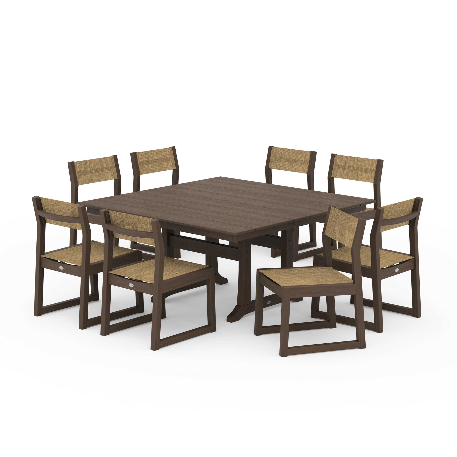 POLYWOOD EDGE Sling Side Chair 9-Piece Farmhouse Trestle Dining Set — Kona / Burlap Sling