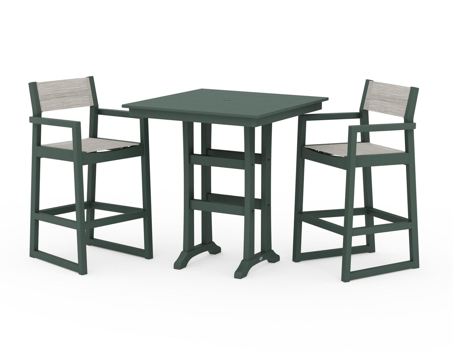 POLYWOOD EDGE Sling Arm Chair 3-Piece Farmhouse Bar Set with Trestle Legs — Green / Birch Sling