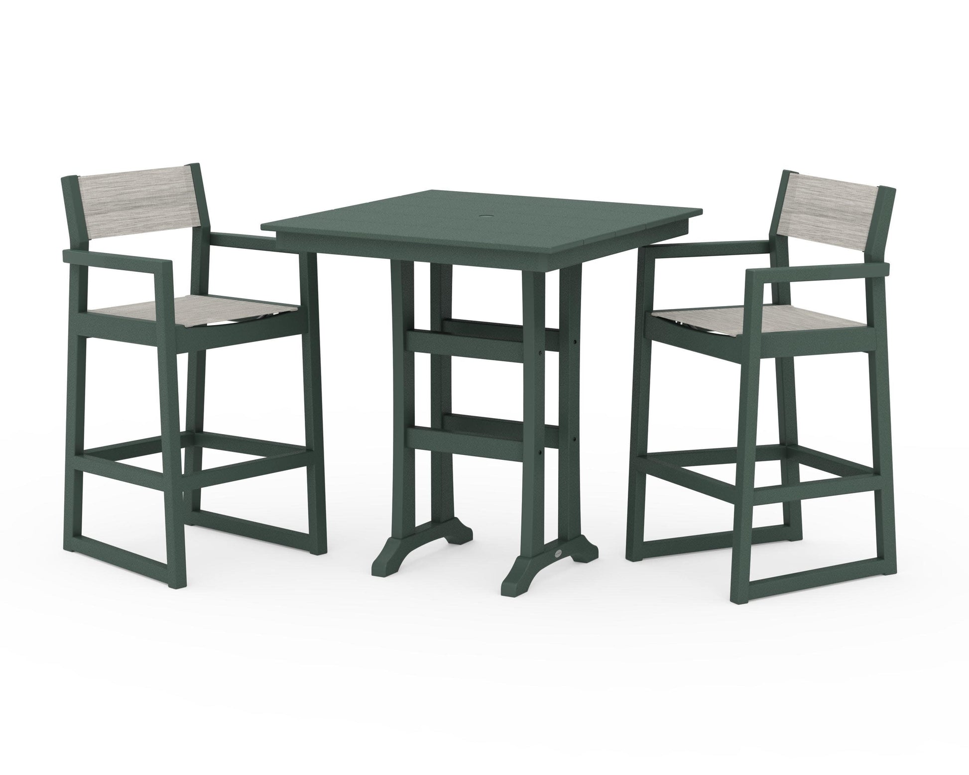 POLYWOOD EDGE Sling Arm Chair 3-Piece Farmhouse Bar Set with Trestle Legs — Green / Birch Sling