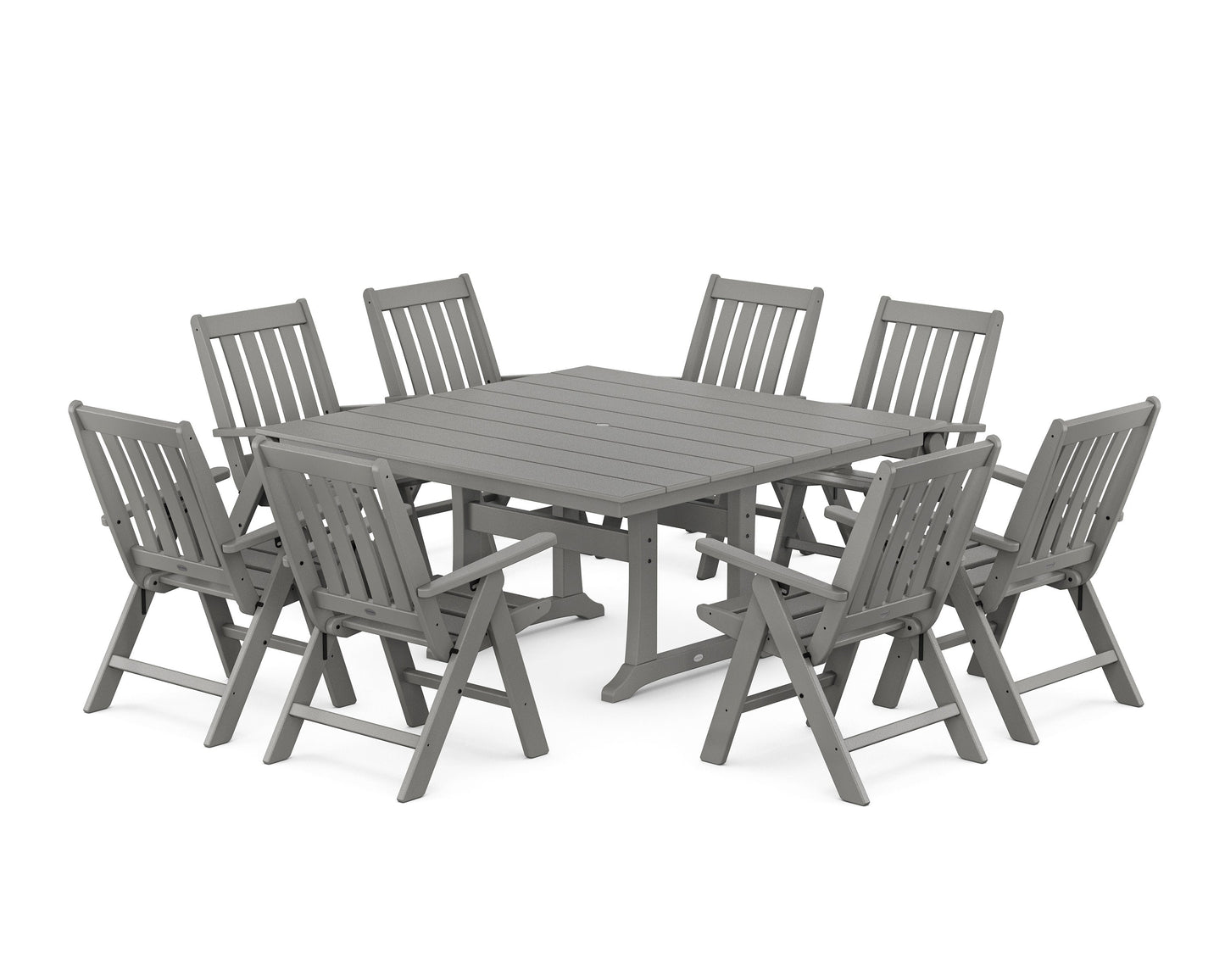 POLYWOOD Vineyard Folding Chair 9-Piece Square Farmhouse Dining Set with Trestle Legs — Slate Grey