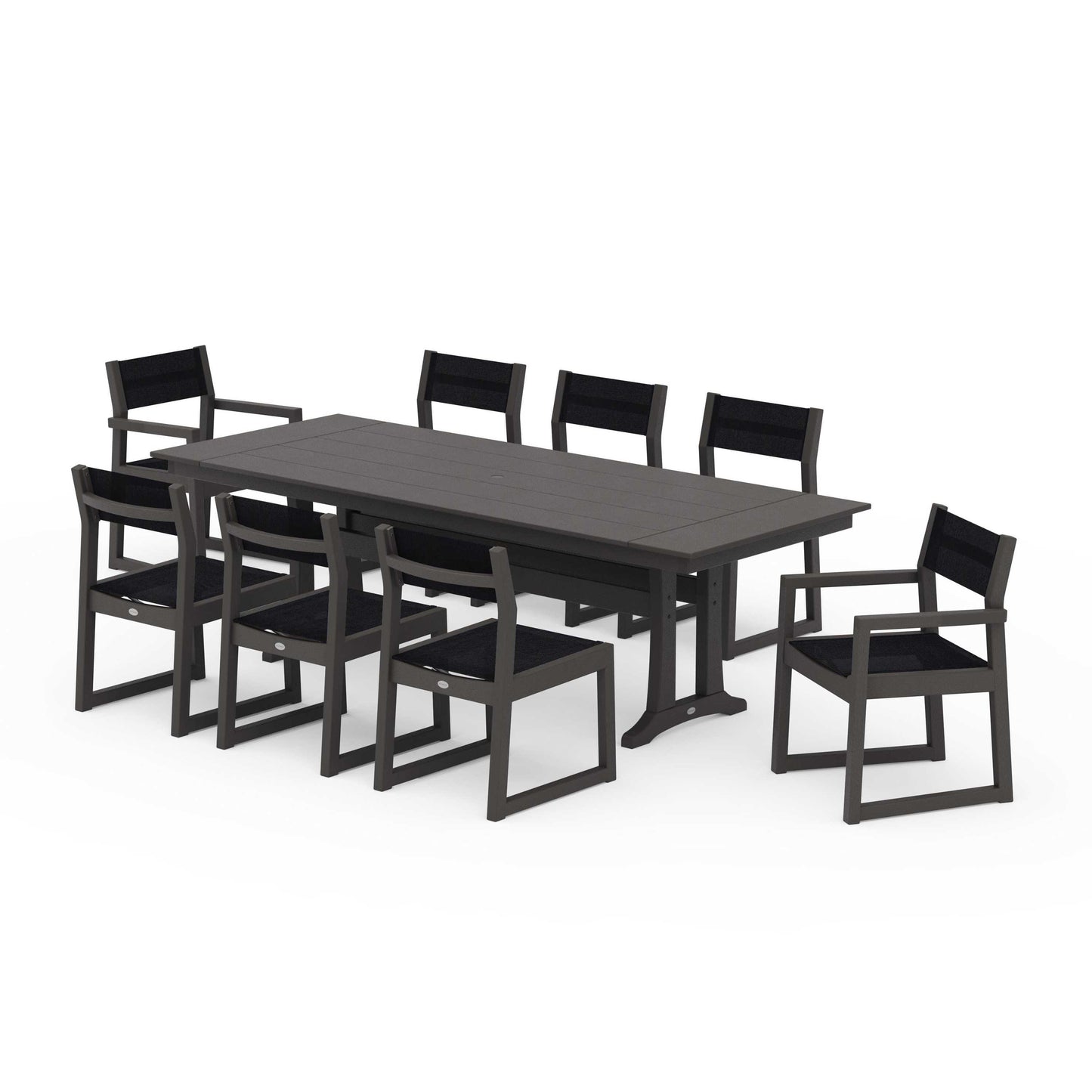 POLYWOOD EDGE Sling 9-Piece Farmhouse Trestle Dining Set — Vintage Coffee / Black Sling