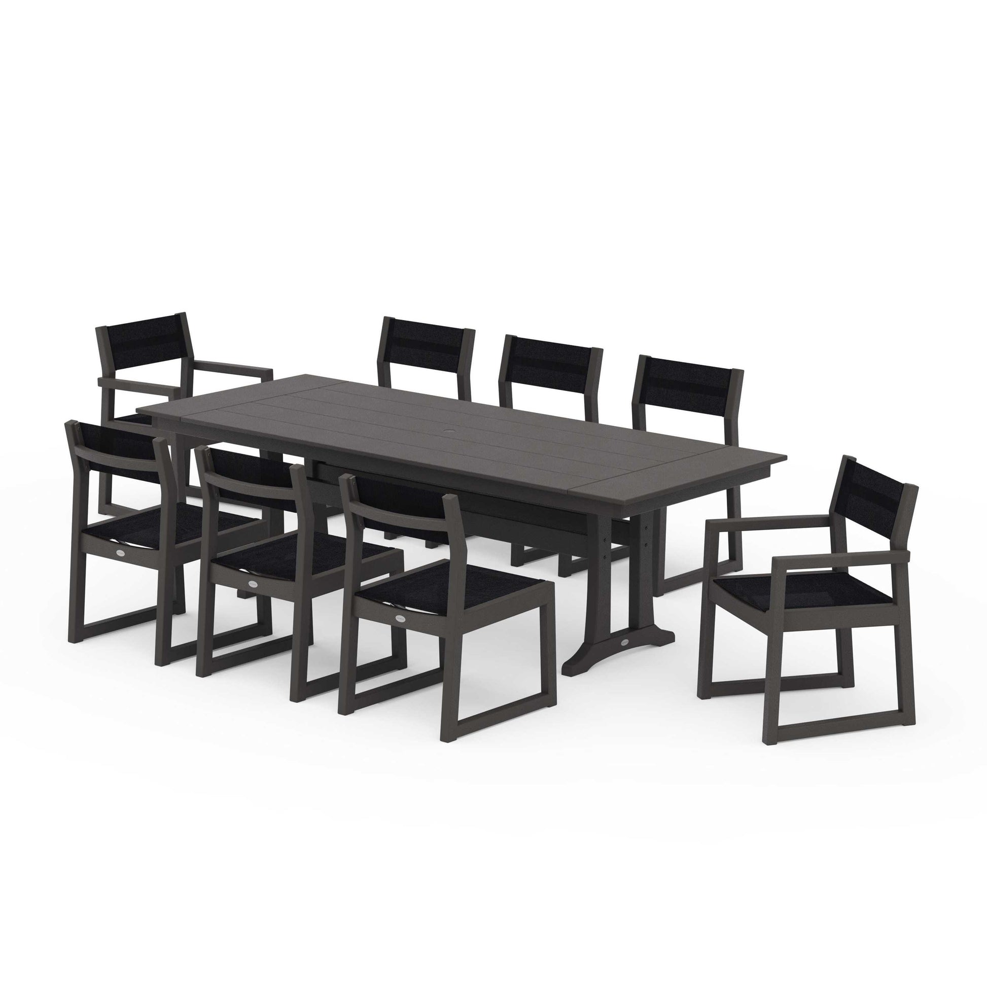 POLYWOOD EDGE Sling 9-Piece Farmhouse Trestle Dining Set — Vintage Coffee / Black Sling