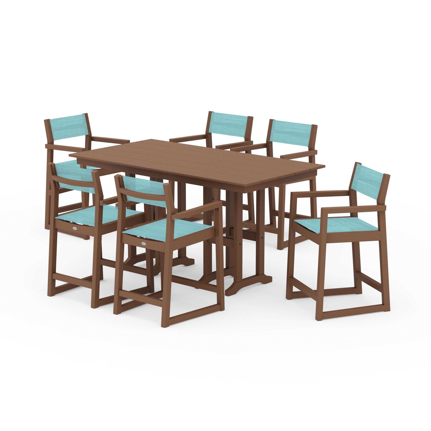 POLYWOOD EDGE Sling Arm Chair 7-Piece Farmhouse Counter Set — Teak / Dupioni Aquamarine Sling