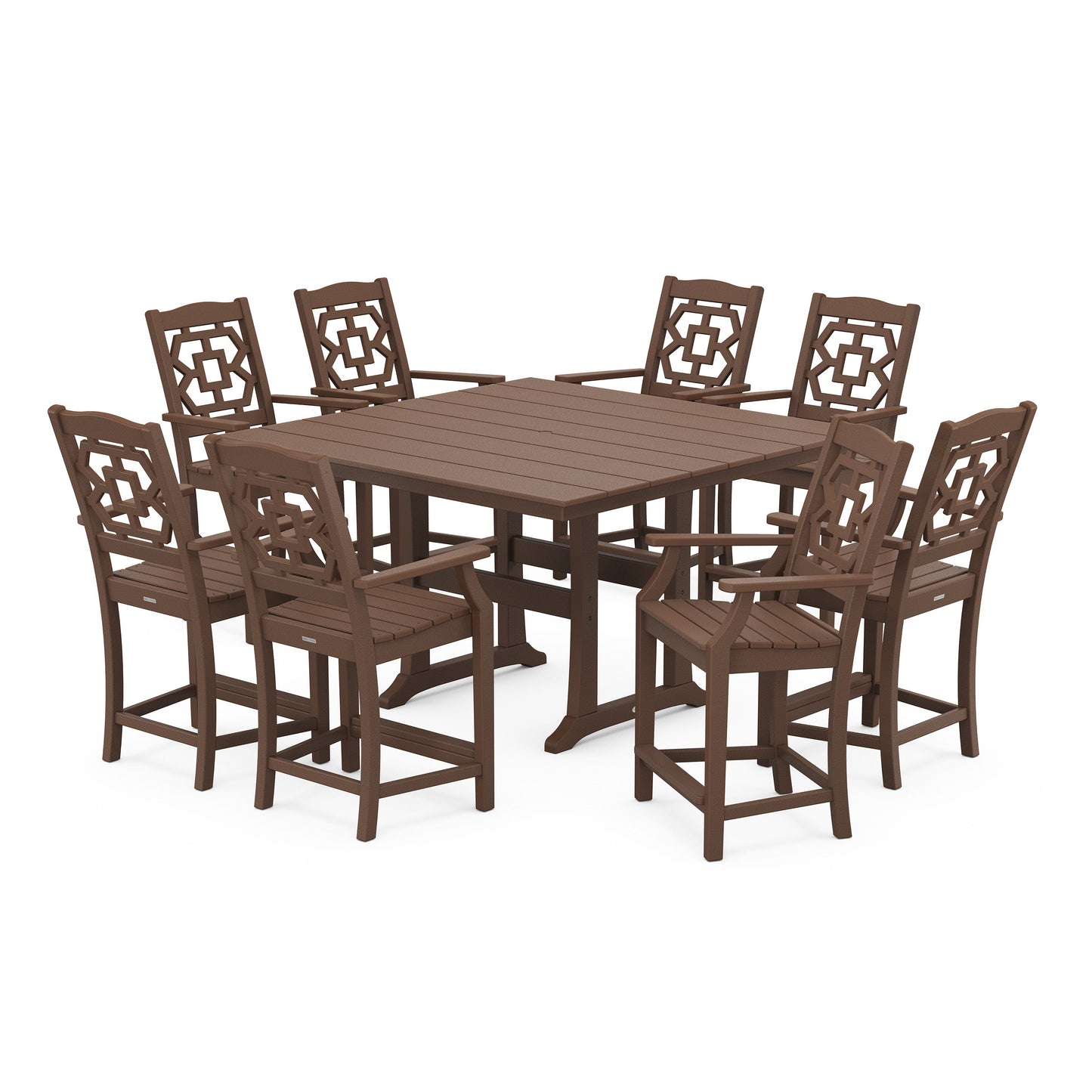 POLYWOOD Chinoiserie 9-Piece Square Farmhouse Counter Set with Trestle Legs — Mahogany
