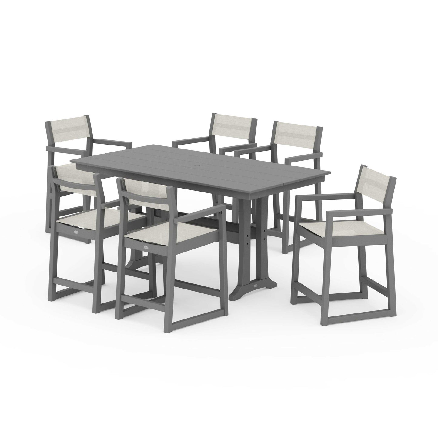 POLYWOOD EDGE Sling Arm Chair 7-Piece Farmhouse Counter Set with Trestle Legs — Slate Grey / Parchment Sling