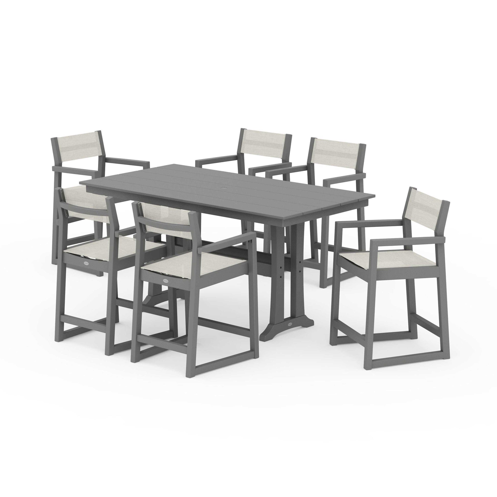 POLYWOOD EDGE Sling Arm Chair 7-Piece Farmhouse Counter Set with Trestle Legs — Slate Grey / Parchment Sling