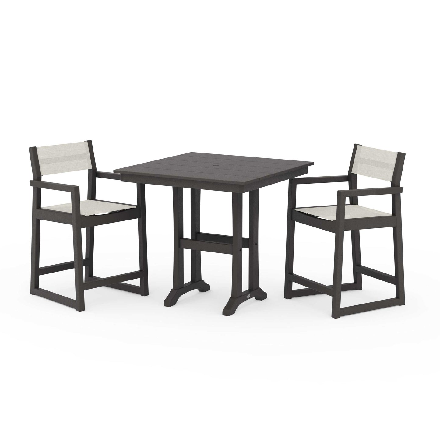 POLYWOOD EDGE Sling Arm Chair 3-Piece Farmhouse Counter Set with Trestle Legs — Vintage Coffee / Parchment Sling