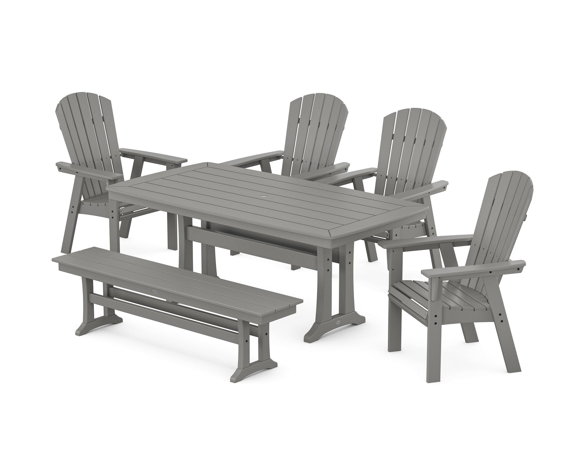 POLYWOOD Nautical Curveback Adirondack 6-Piece Dining Set with Trestle Legs and Bench — Slate Grey