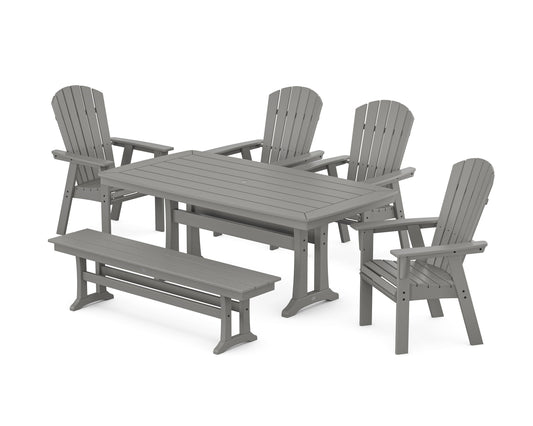 POLYWOOD Nautical Curveback Adirondack 6-Piece Dining Set with Trestle Legs and Bench — Slate Grey