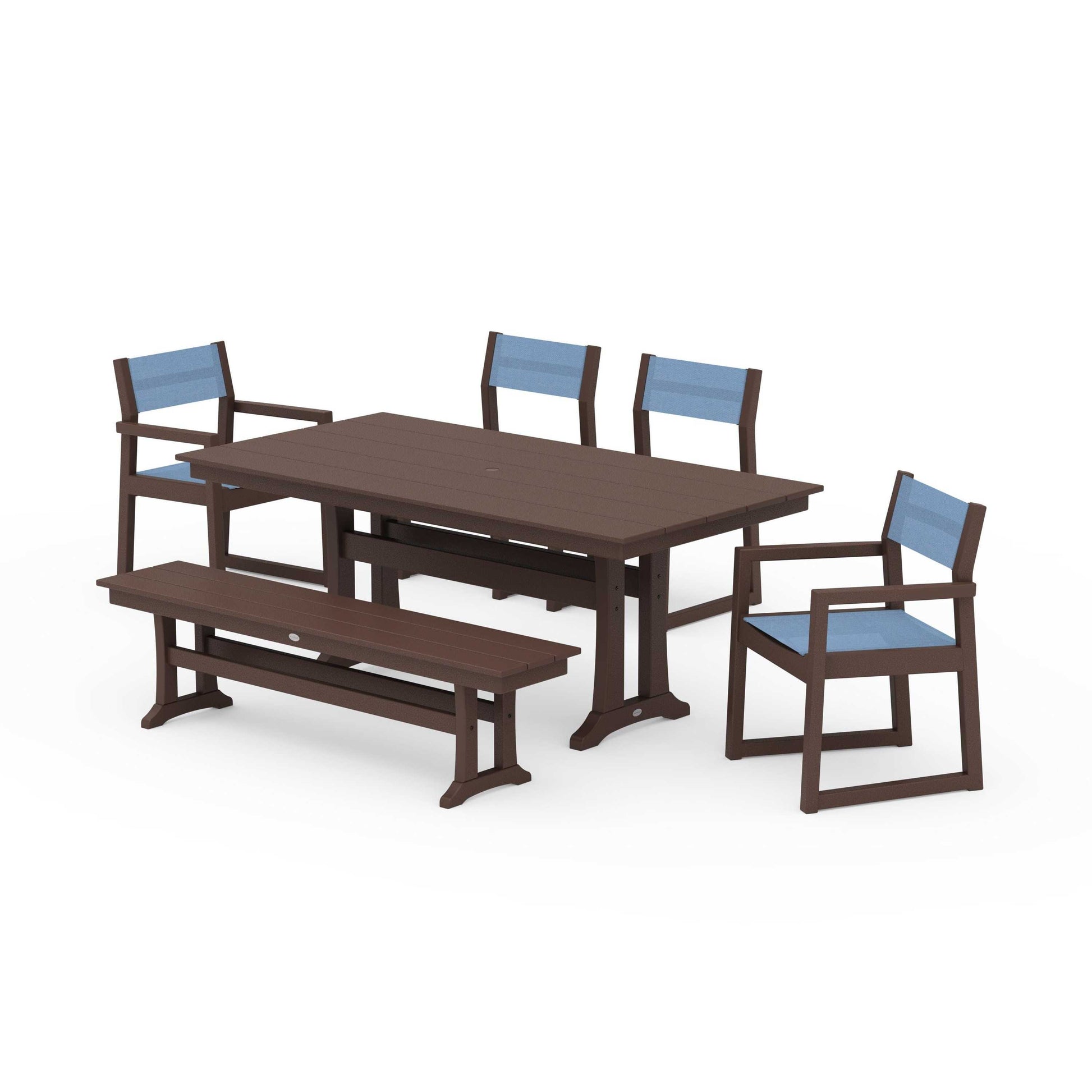 POLYWOOD EDGE Sling 6-Piece Farmhouse Dining Set With Trestle Legs — Mahogany / Poolside Sling