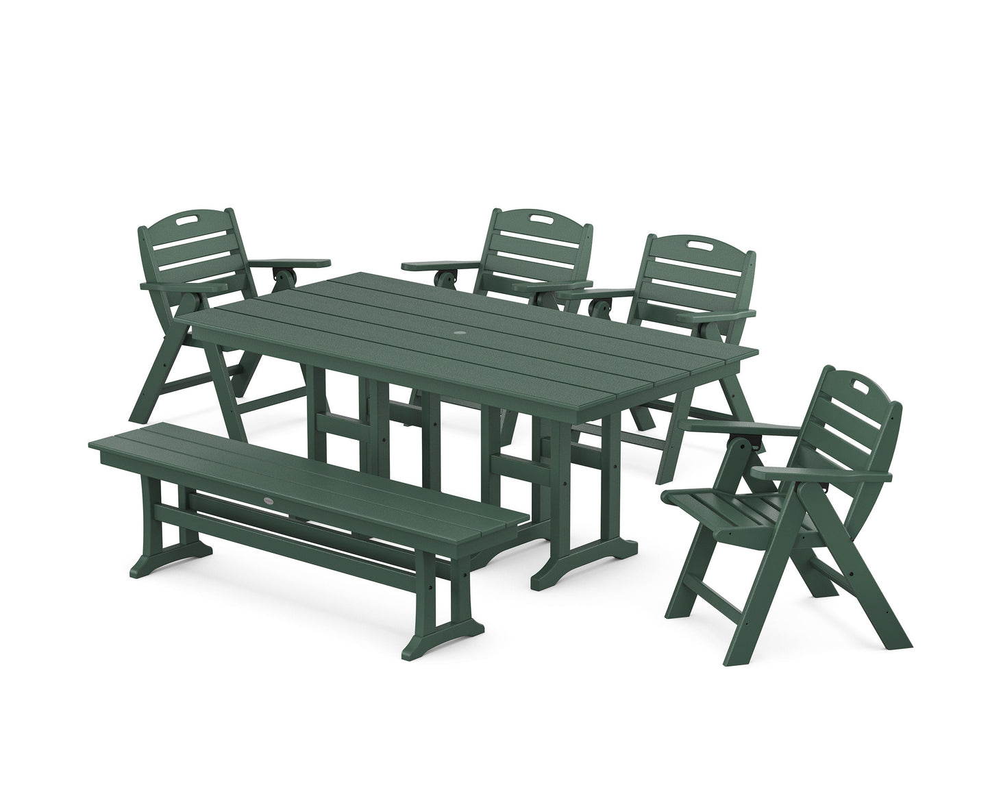 POLYWOOD Nautical Lowback 6-Piece Farmhouse Dining Set with Bench — Green