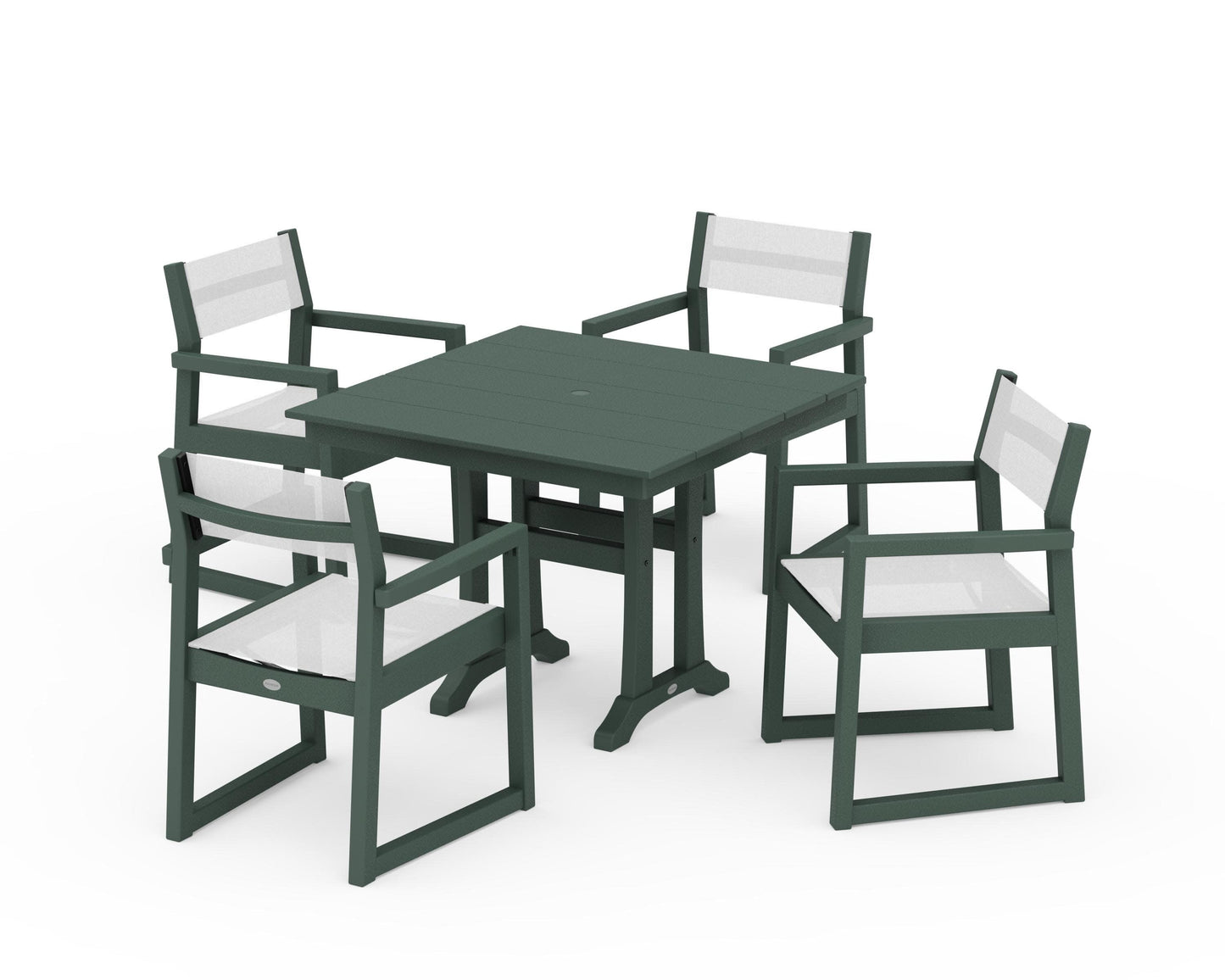 POLYWOOD EDGE Sling 5-Piece Farmhouse Dining Set with Trestle Legs — Green / White Sling