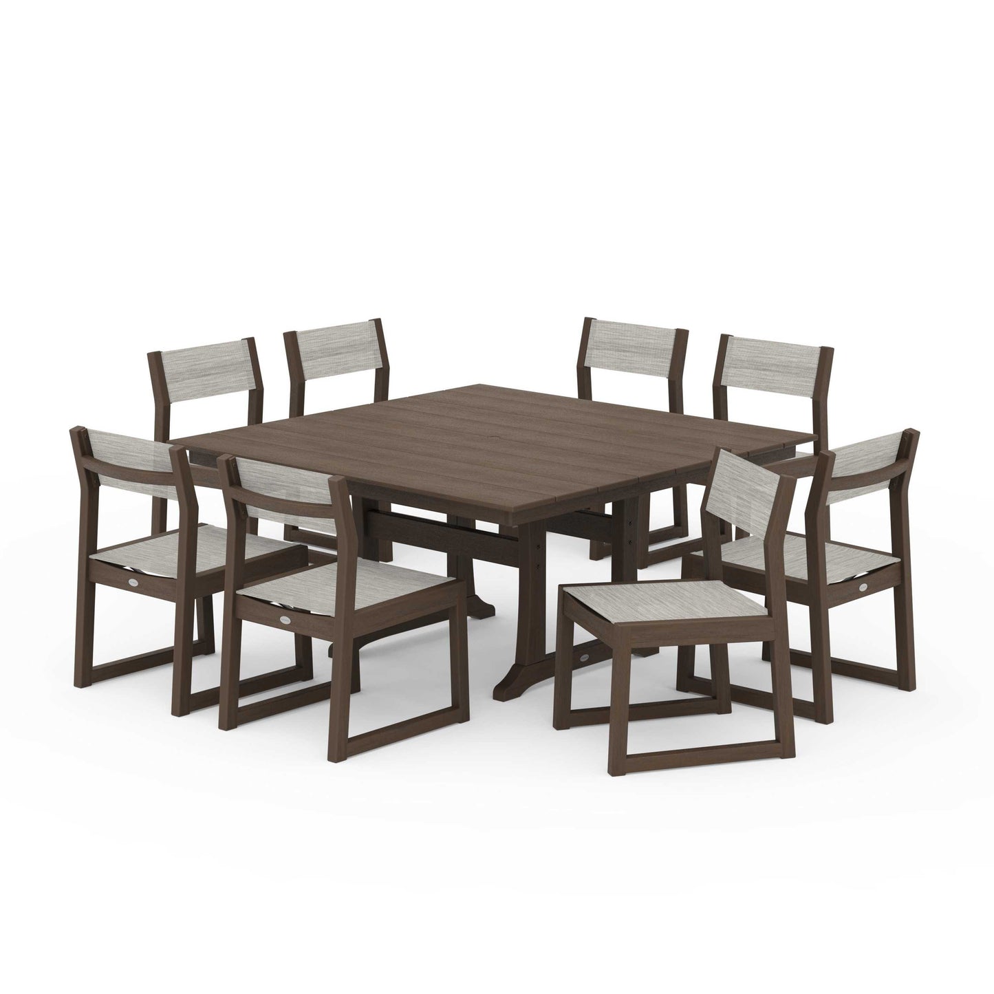 POLYWOOD EDGE Sling Side Chair 9-Piece Farmhouse Trestle Dining Set — Kona / Birch Sling