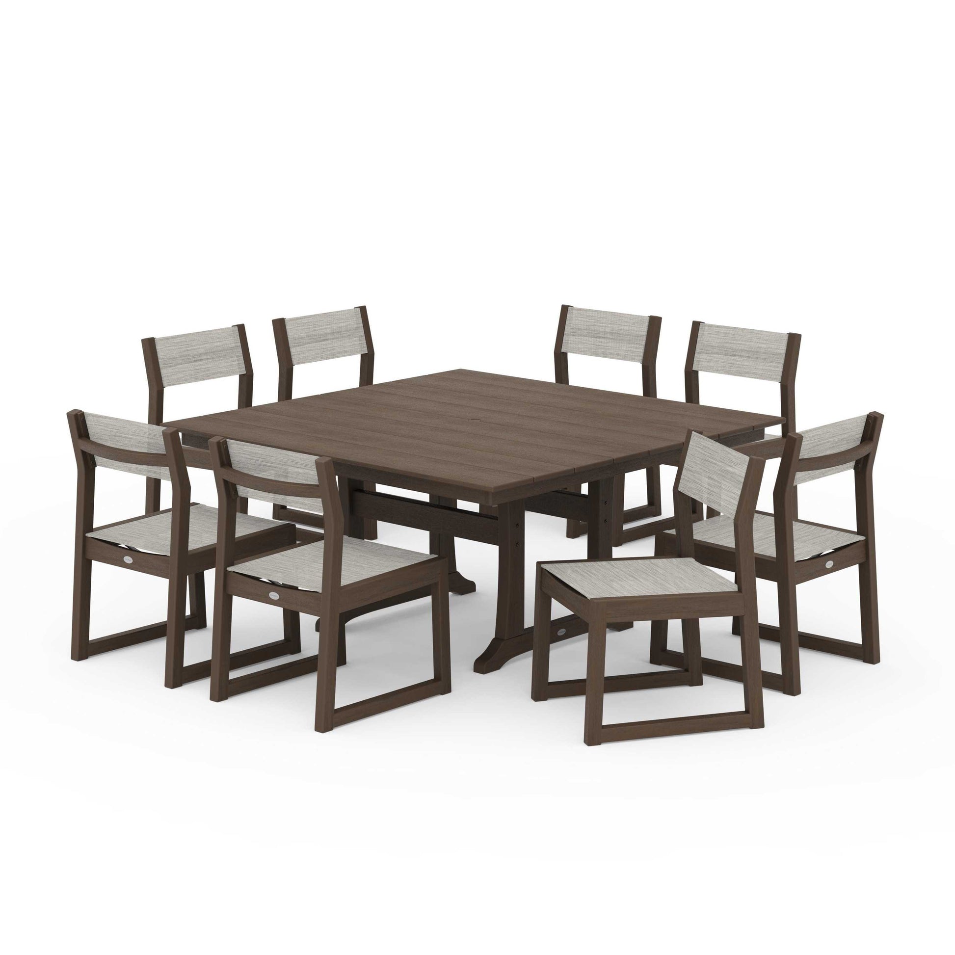 POLYWOOD EDGE Sling Side Chair 9-Piece Farmhouse Trestle Dining Set — Kona / Birch Sling