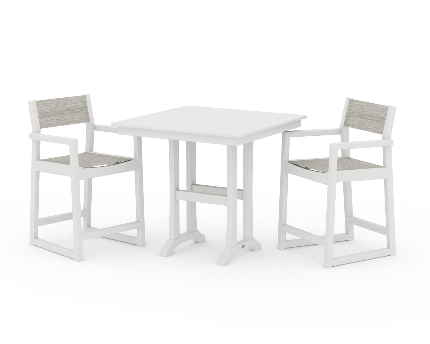 POLYWOOD EDGE Sling Arm Chair 3-Piece Farmhouse Counter Set with Trestle Legs — Vintage White / Birch Sling