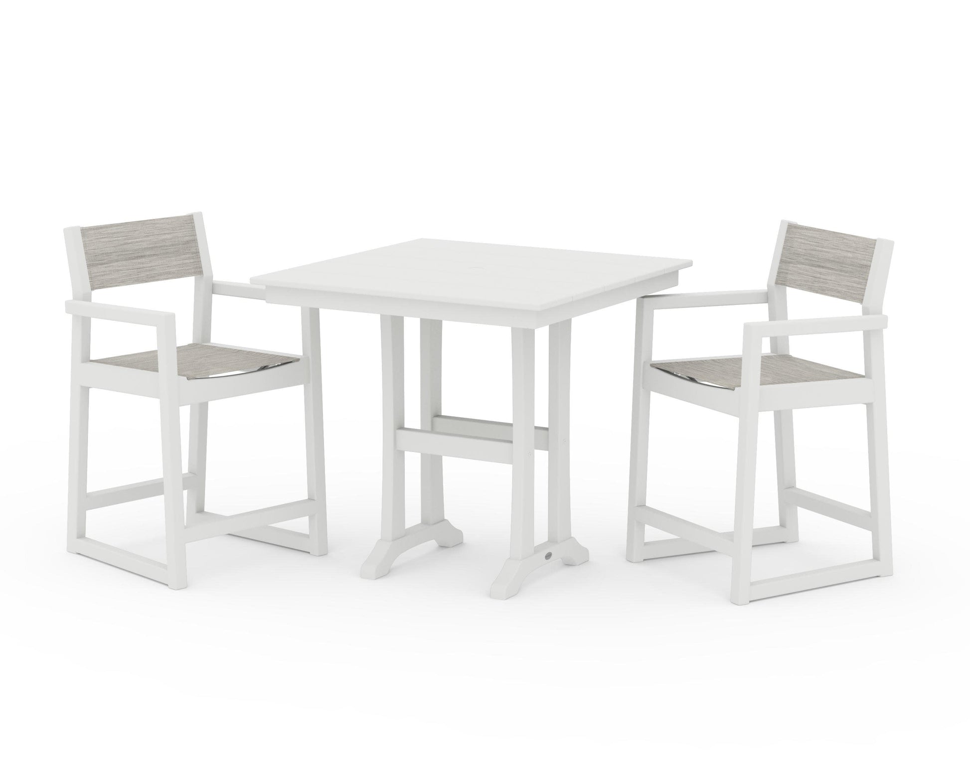 POLYWOOD EDGE Sling Arm Chair 3-Piece Farmhouse Counter Set with Trestle Legs — Vintage White / Birch Sling