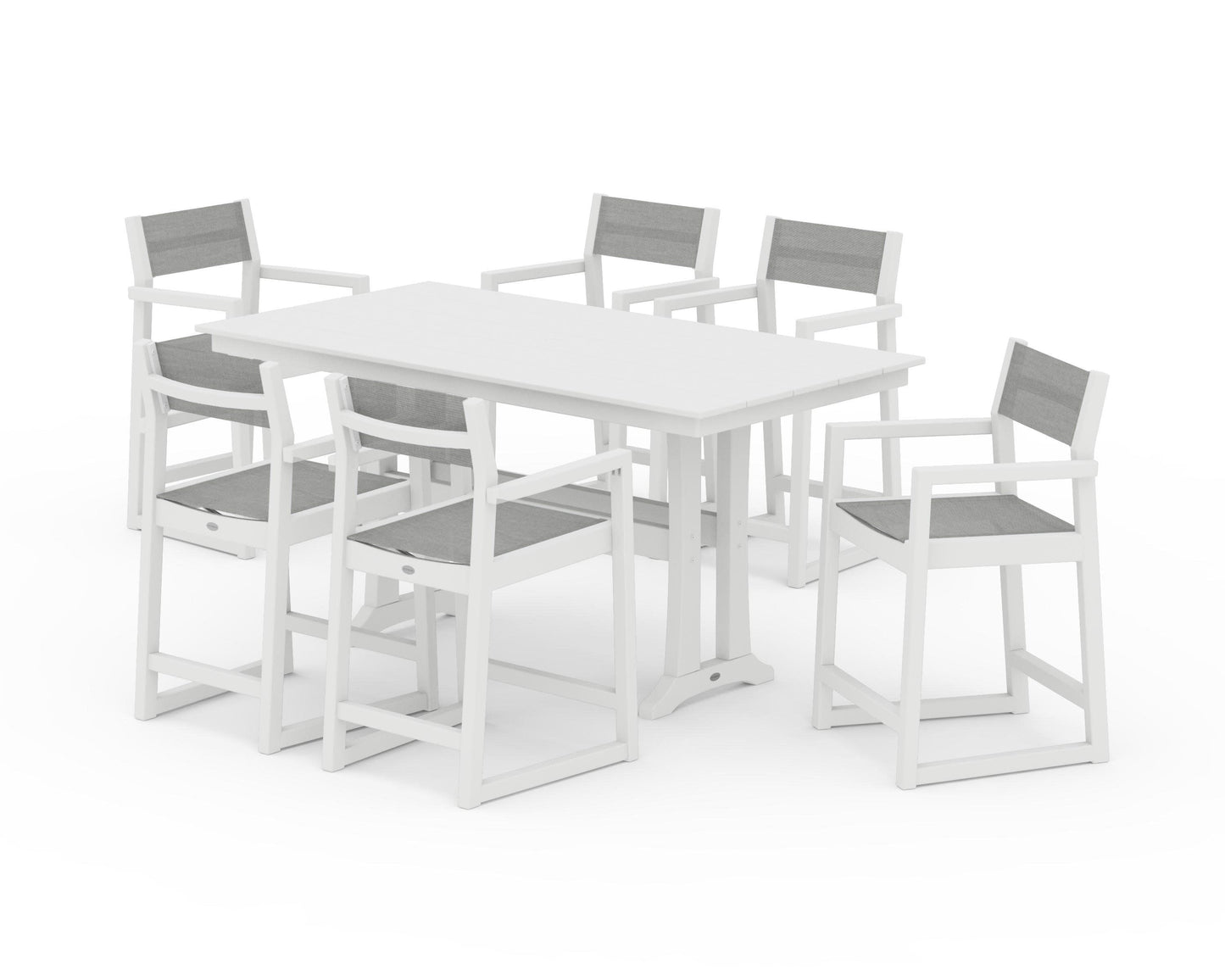 POLYWOOD EDGE Sling Arm Chair 7-Piece Farmhouse Counter Set with Trestle Legs — White / Metallic Sling