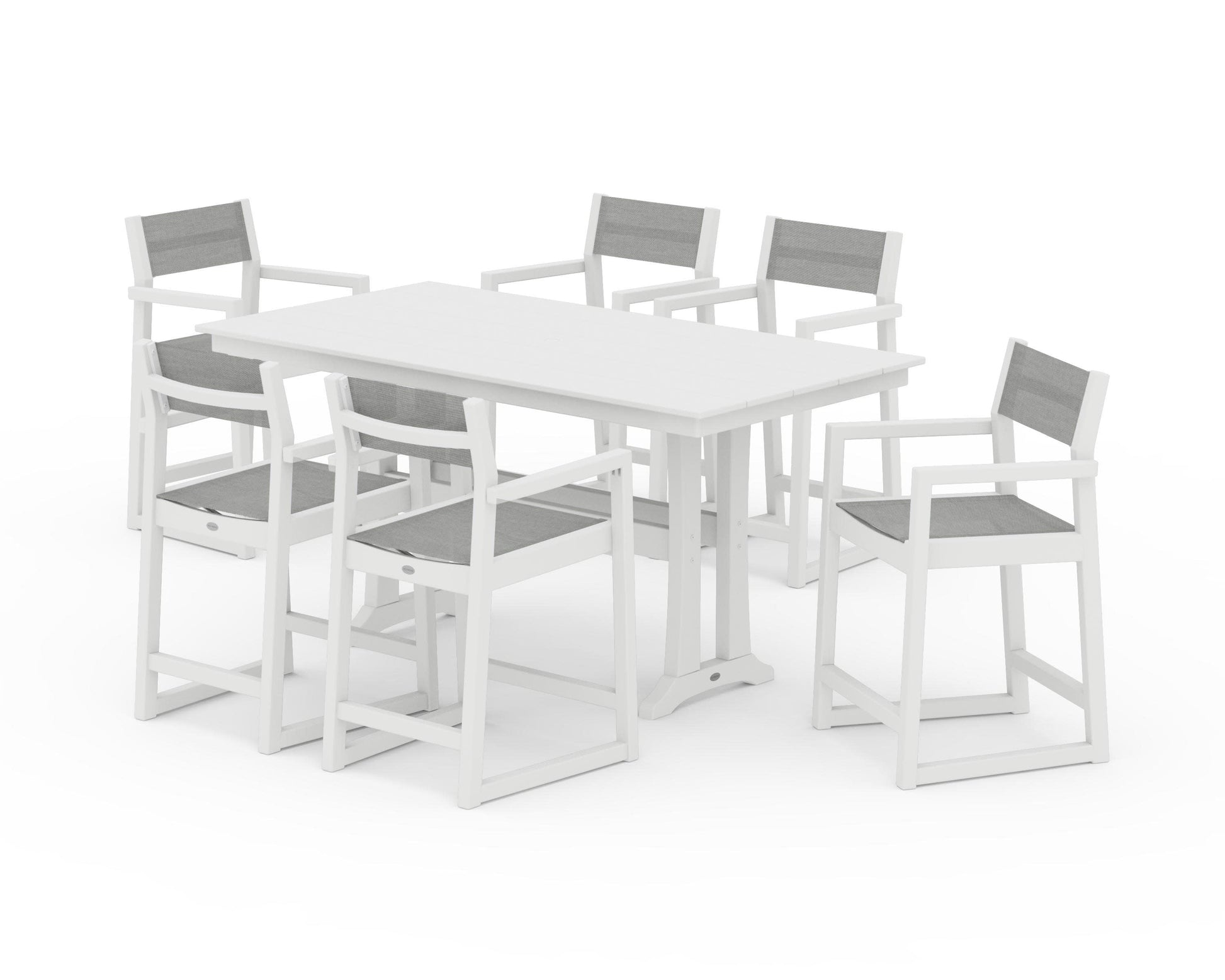 POLYWOOD EDGE Sling Arm Chair 7-Piece Farmhouse Counter Set with Trestle Legs — White / Metallic Sling