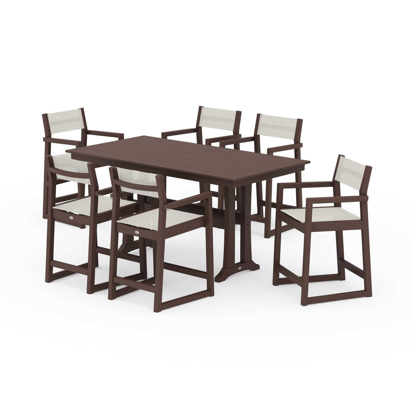 POLYWOOD EDGE Sling Arm Chair 7-Piece Farmhouse Counter Set with Trestle Legs — Mahogany / Parchment Sling