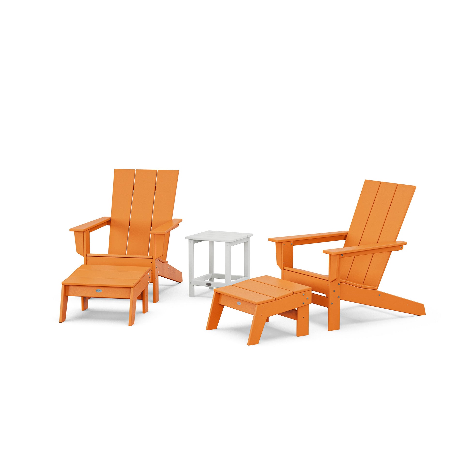 POLYWOOD 5-Piece Modern Studio Adirondack Set with Ottomans and Side Table — Tangerine / White