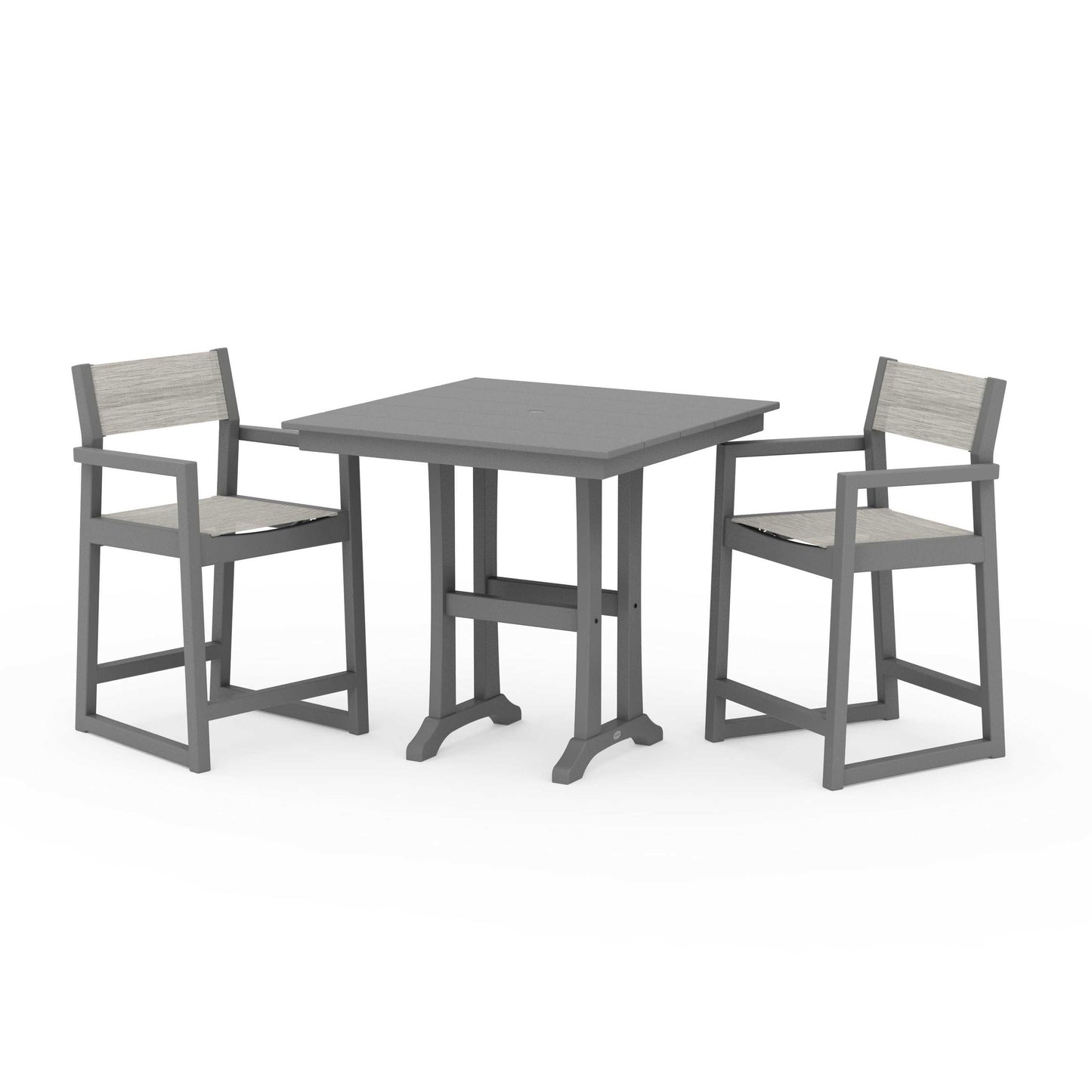 POLYWOOD EDGE Sling Arm Chair 3-Piece Farmhouse Counter Set with Trestle Legs — Slate Grey / Birch Sling