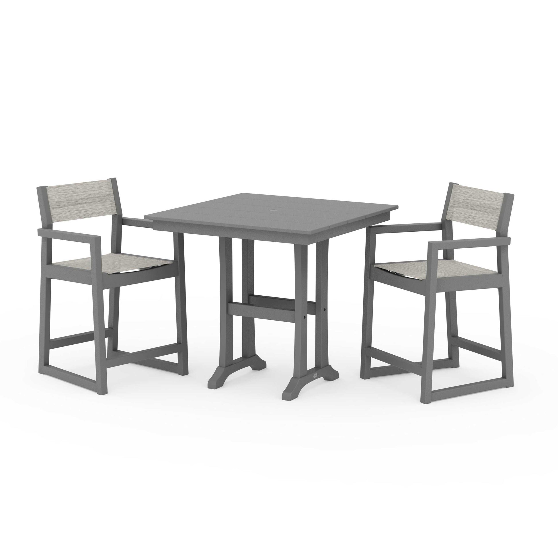 POLYWOOD EDGE Sling Arm Chair 3-Piece Farmhouse Counter Set with Trestle Legs — Slate Grey / Birch Sling