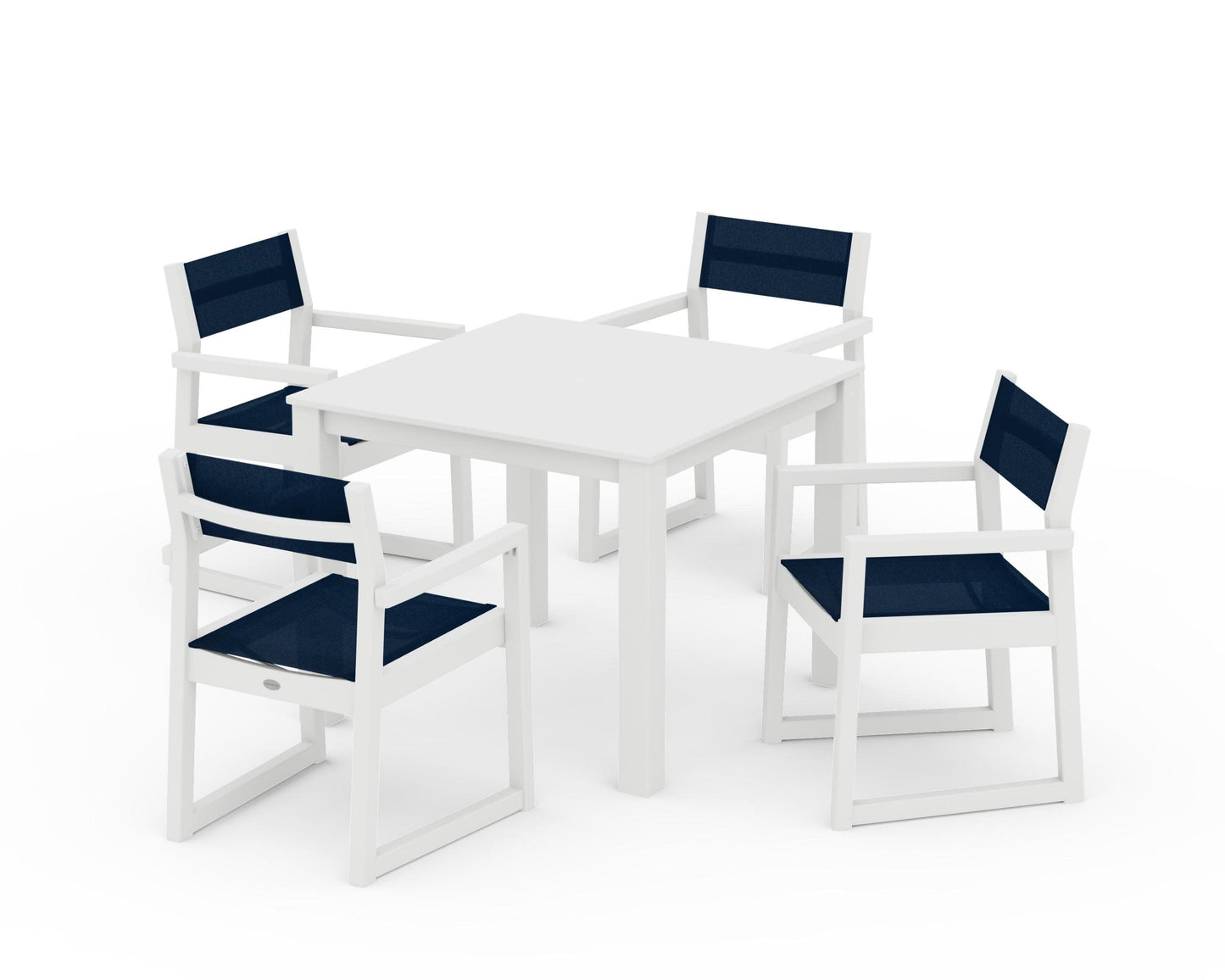 POLYWOOD EDGE Sling Arm Chair 5-Piece Parsons Dining Set — White / Navy Blue Sling