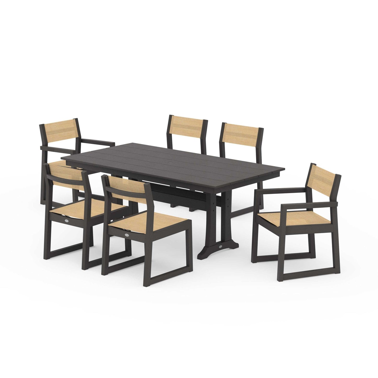 POLYWOOD EDGE Sling 7-Piece Farmhouse Trestle Dining Set — Vintage Coffee / Dupioni Apricot Sling