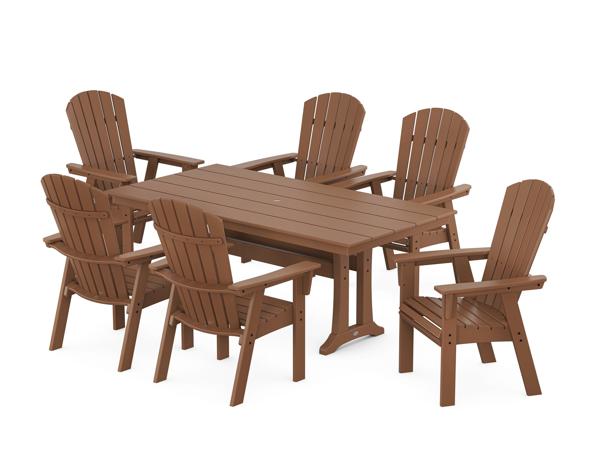 POLYWOOD Nautical Curveback Adirondack 7-Piece Farmhouse Dining Set with Trestle Legs — Teak