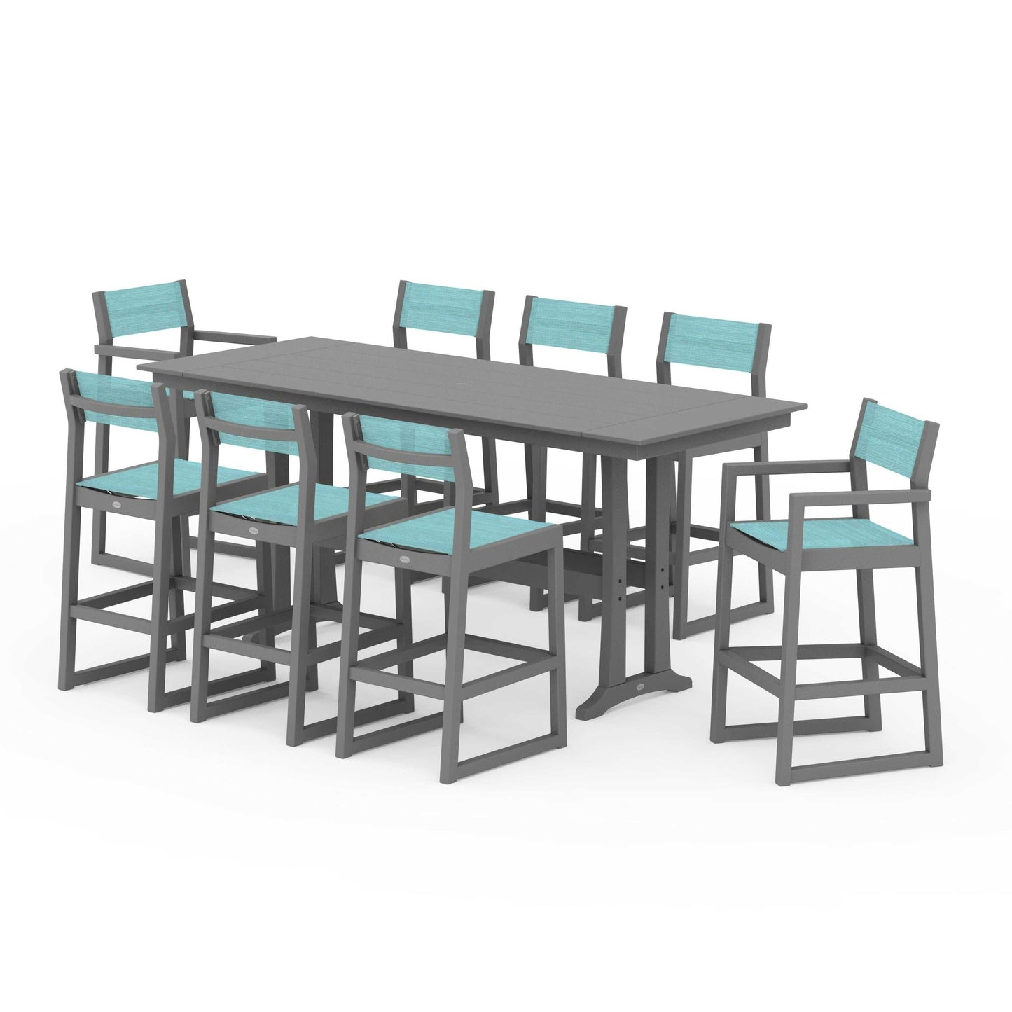 POLYWOOD EDGE Sling 9-Piece Farmhouse Bar Set with Trestle Legs — Slate Grey / Dupioni Aquamarine Sling