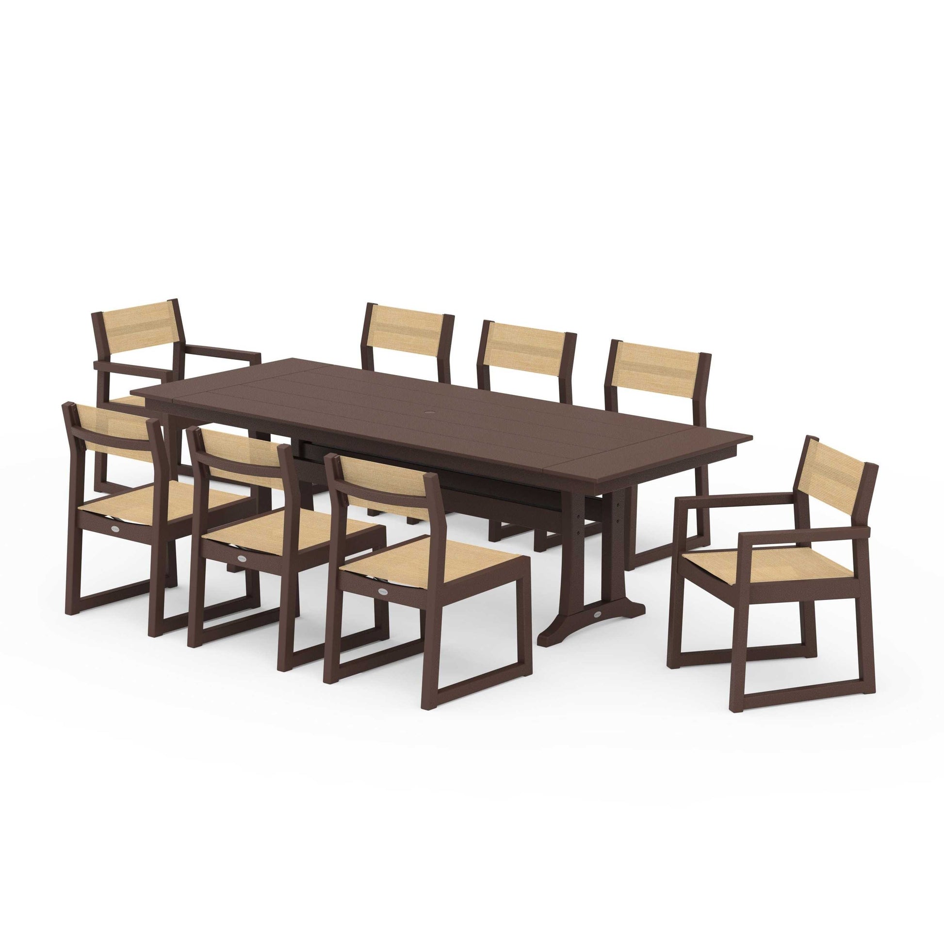 POLYWOOD EDGE Sling 9-Piece Farmhouse Trestle Dining Set — Mahogany / Dupioni Apricot Sling