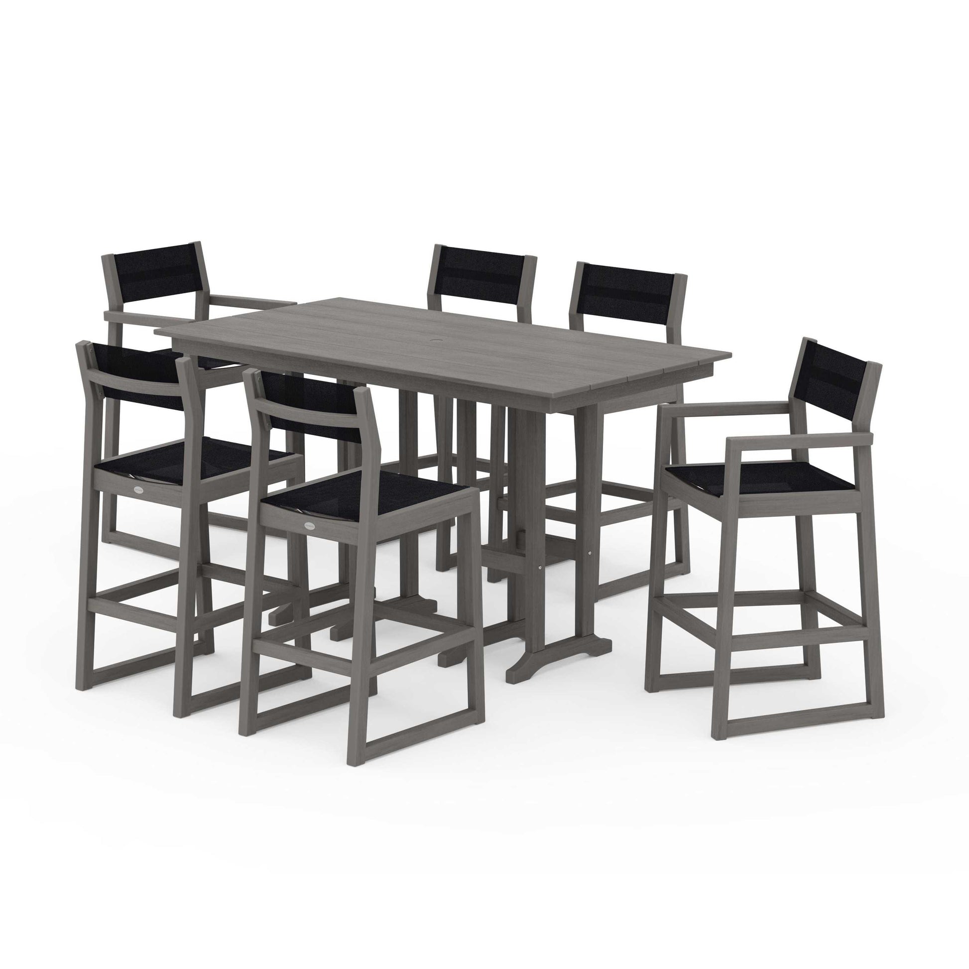 POLYWOOD EDGE Sling 7-Piece Farmhouse Bar Set — Driftwood / Black Sling