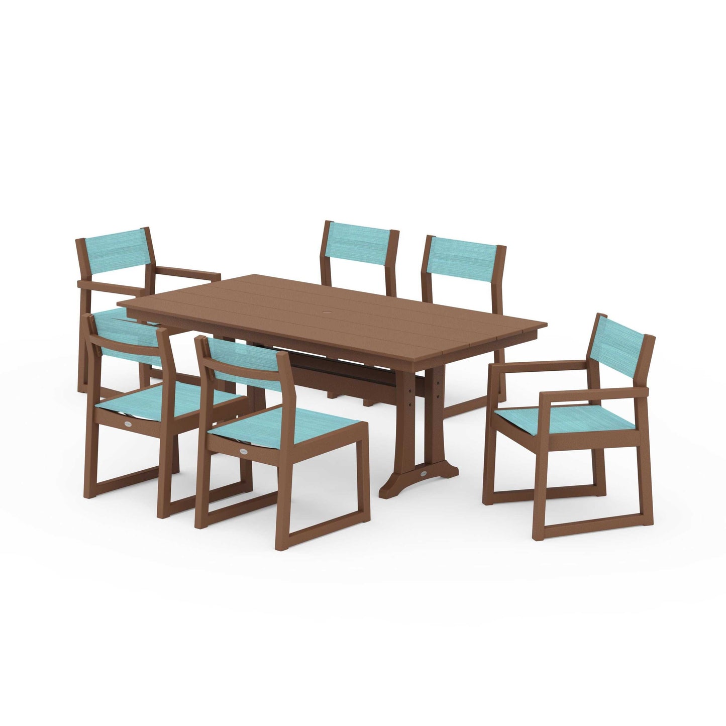 POLYWOOD EDGE Sling 7-Piece Farmhouse Trestle Dining Set — Teak / Dupioni Aquamarine Sling