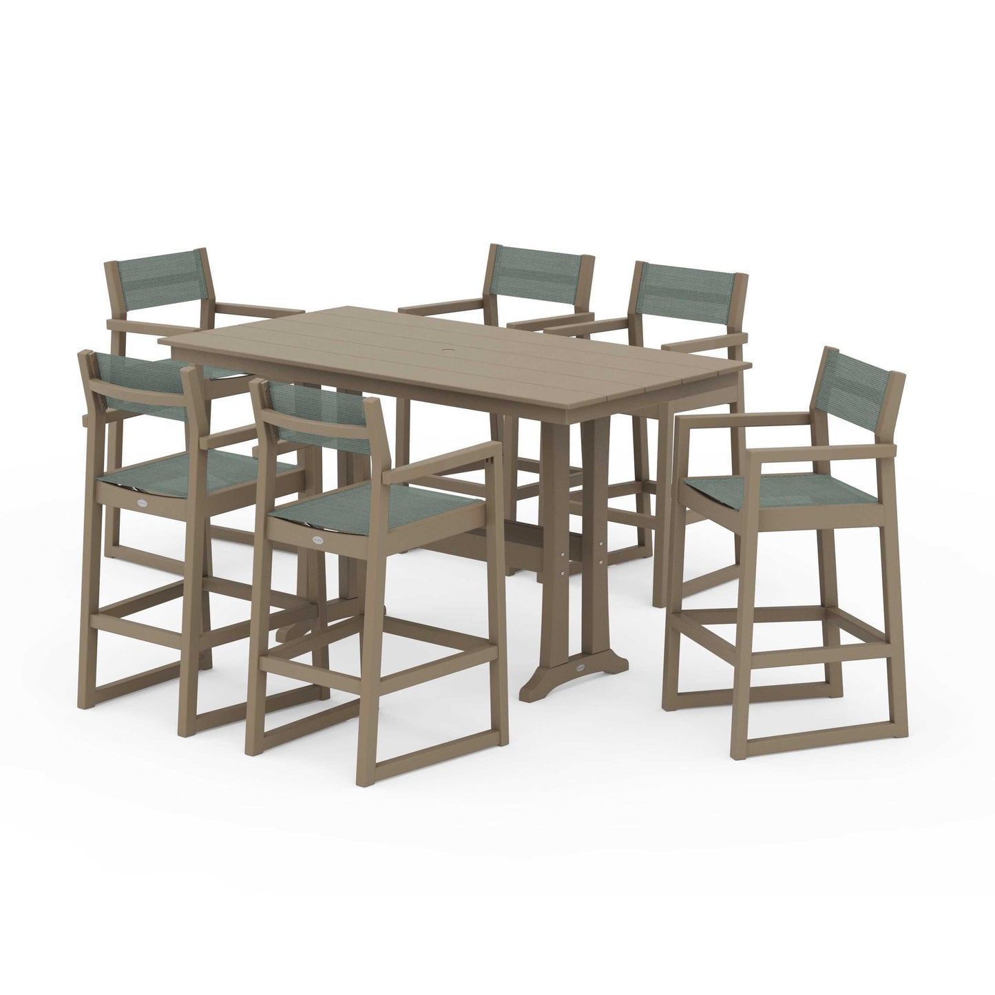 POLYWOOD EDGE Sling Arm Chair 7-Piece Farmhouse Bar Set with Trestle Legs — Vintage Sahara / Dupioni Sea Mist Sling