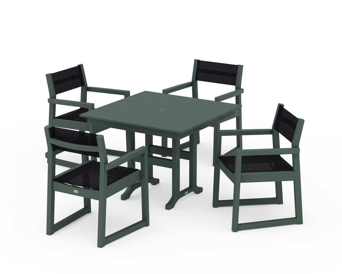 POLYWOOD EDGE Sling Arm Chair 5-Piece Farmhouse Dining Set — Green / Black Sling