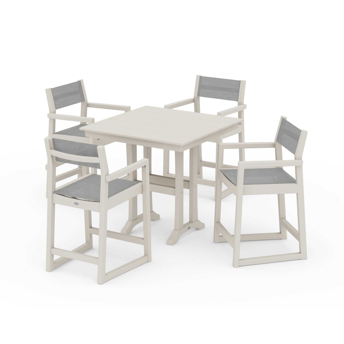 POLYWOOD EDGE Sling Arm Chair 5-Piece Farmhouse Counter Set with Trestle Legs — Sand / Metallic Sling