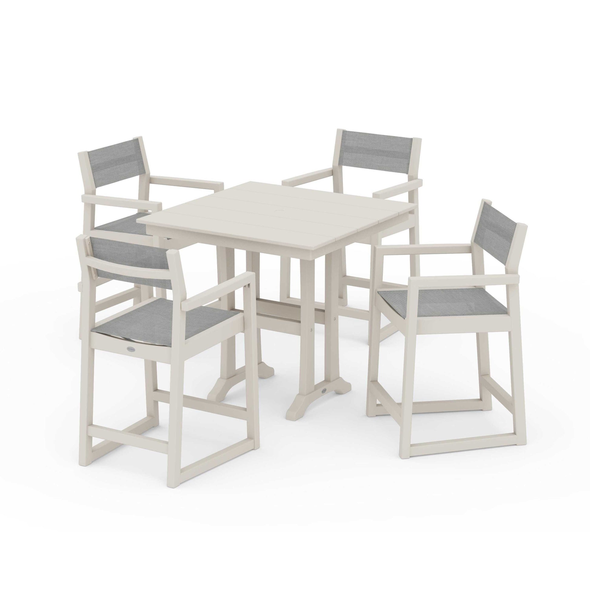 POLYWOOD EDGE Sling Arm Chair 5-Piece Farmhouse Counter Set with Trestle Legs — Sand / Metallic Sling