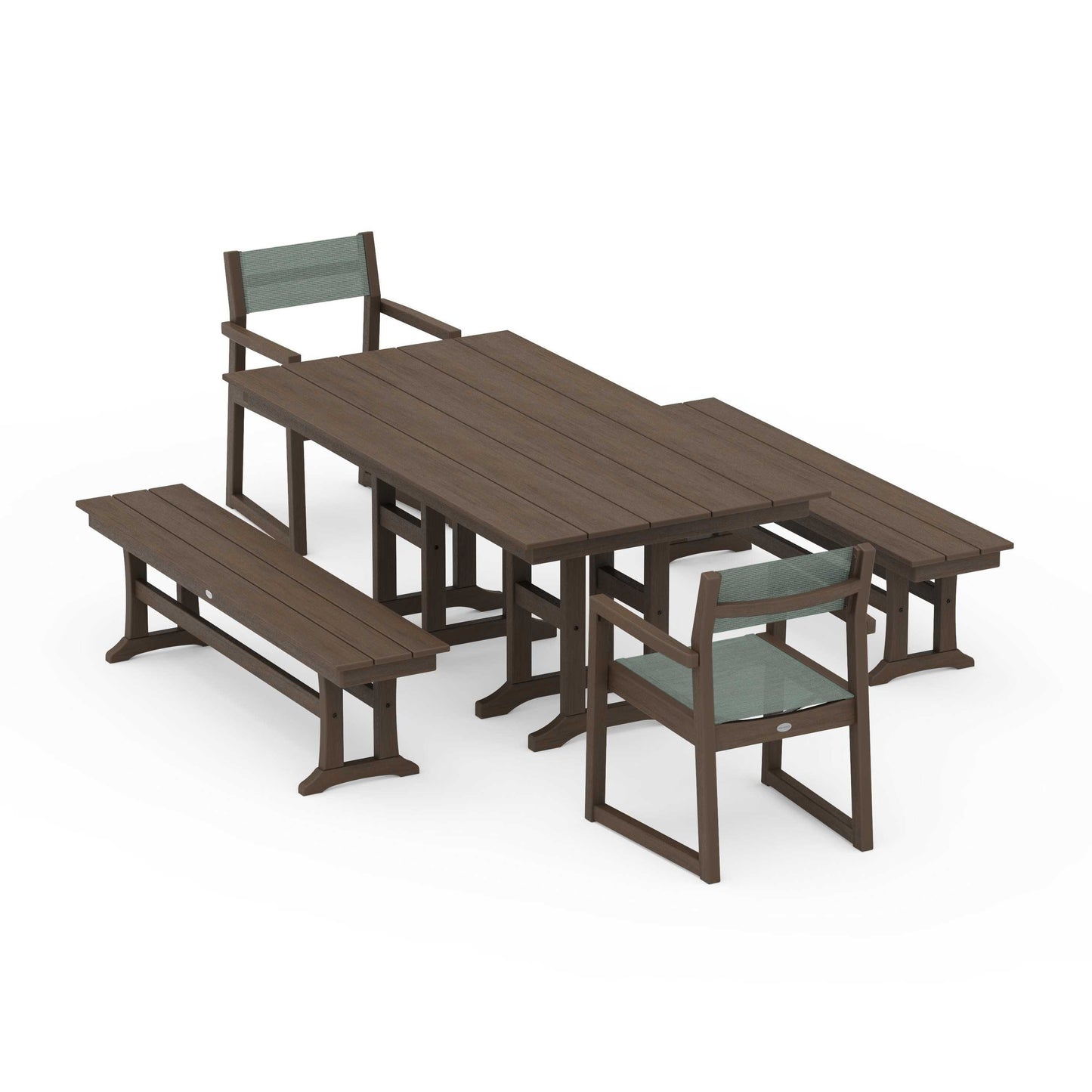 POLYWOOD EDGE Sling Arm Chair 5-Piece Farmhouse Dining Set with Benches — Kona / Dupioni Sea Mist Sling
