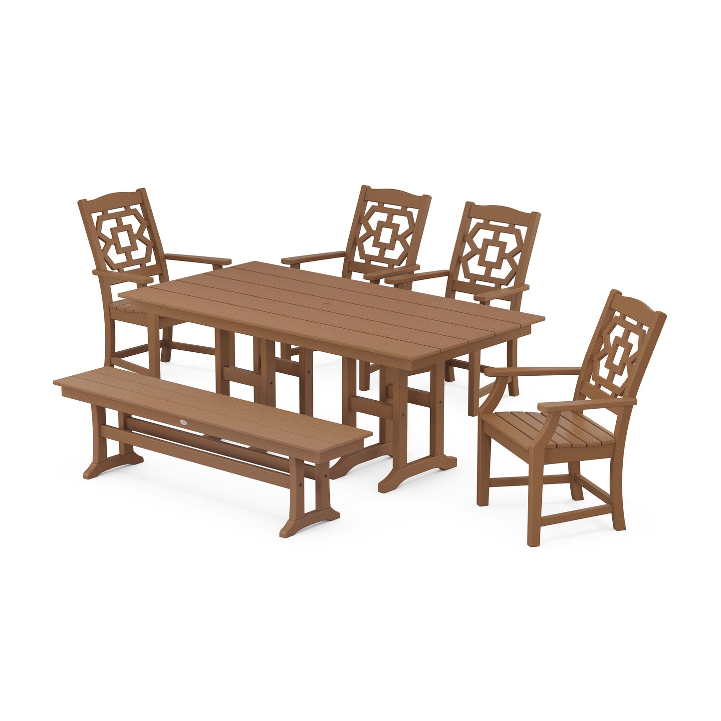 POLYWOOD Chinoiserie 6-Piece Farmhouse Dining Set with Bench — Teak