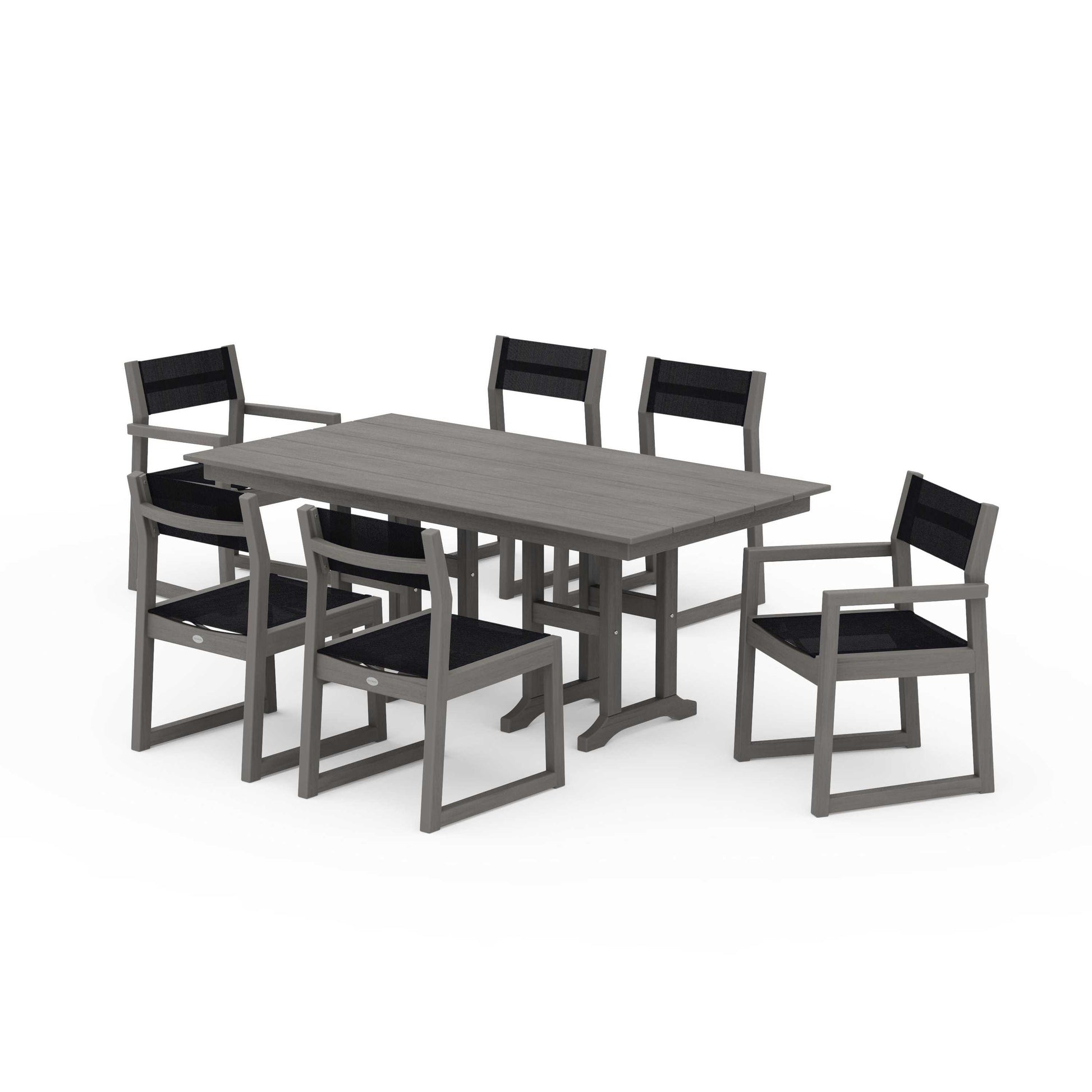 POLYWOOD EDGE Sling 7-Piece Farmhouse Dining Set — Driftwood / Black Sling
