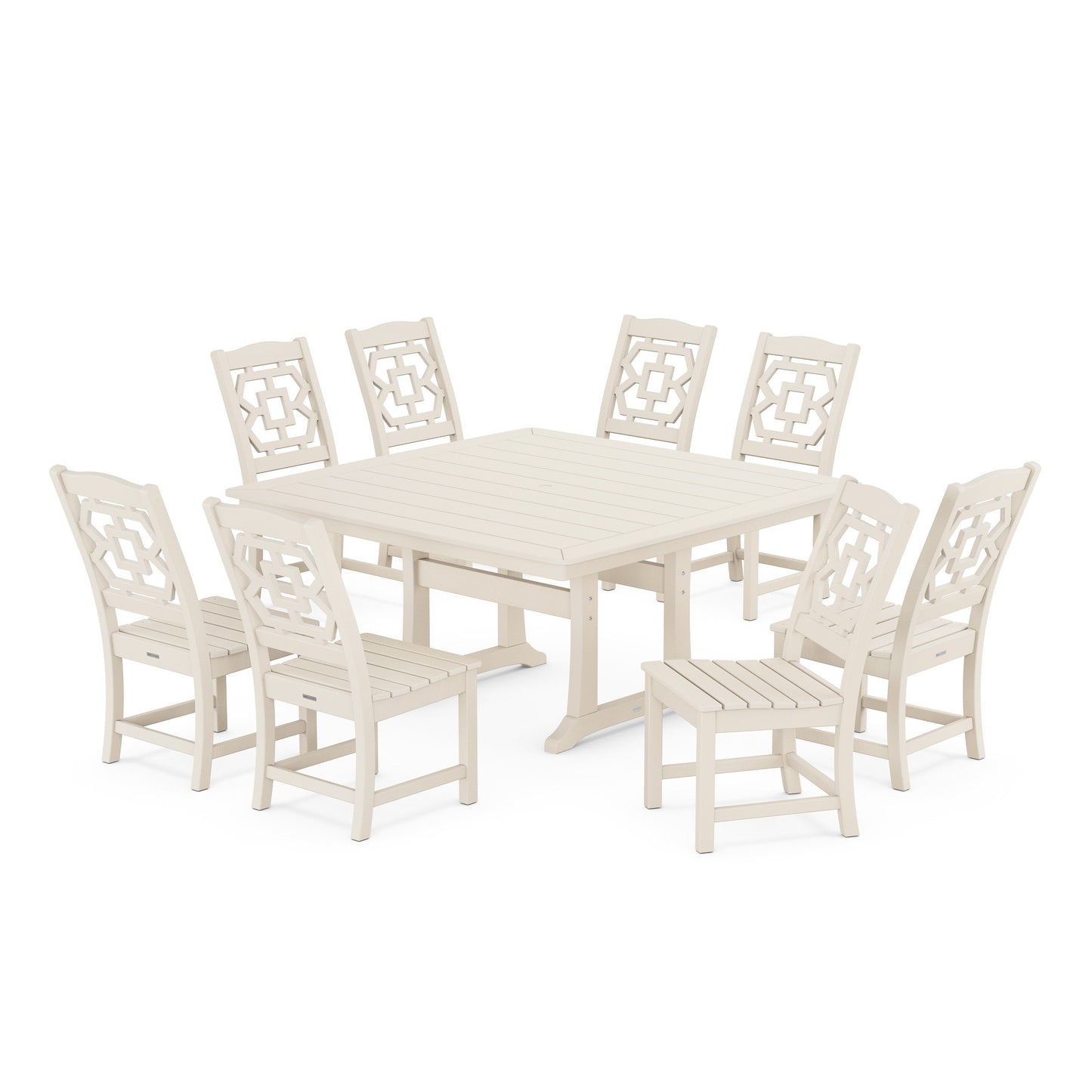 POLYWOOD Chinoiserie 9-Piece Square Side Chair Dining Set with Trestle Legs — Sand