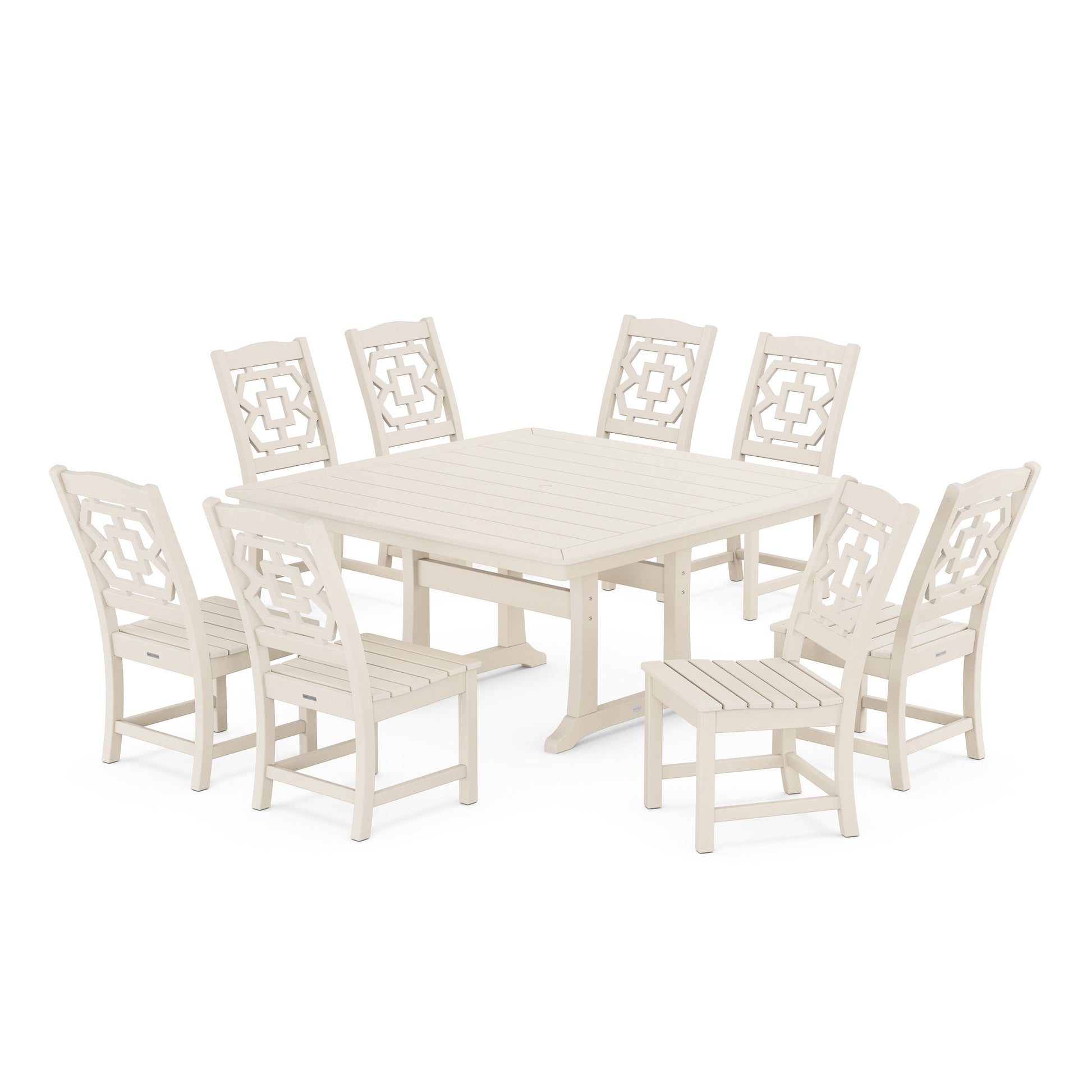 POLYWOOD Chinoiserie 9-Piece Square Side Chair Dining Set with Trestle Legs — Sand
