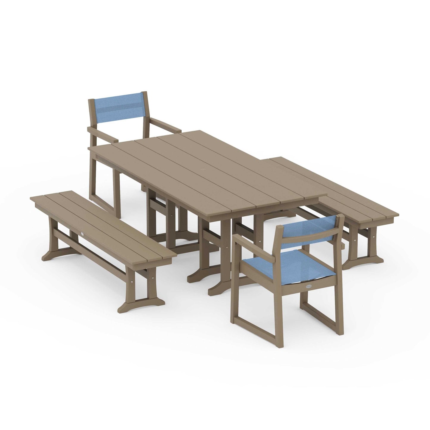 POLYWOOD EDGE Sling Arm Chair 5-Piece Farmhouse Dining Set with Benches — Vintage Sahara / Poolside Sling
