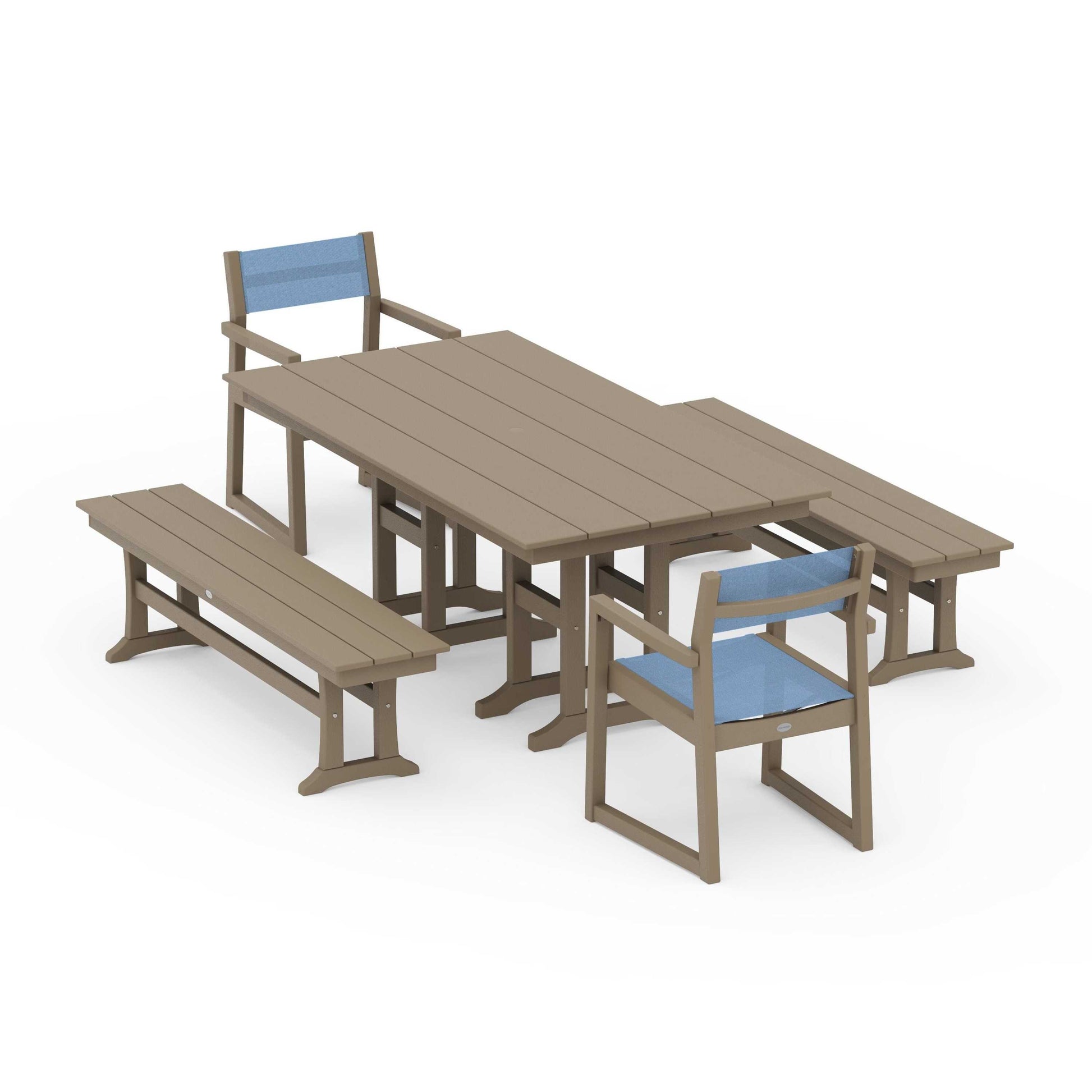 POLYWOOD EDGE Sling Arm Chair 5-Piece Farmhouse Dining Set with Benches — Vintage Sahara / Poolside Sling