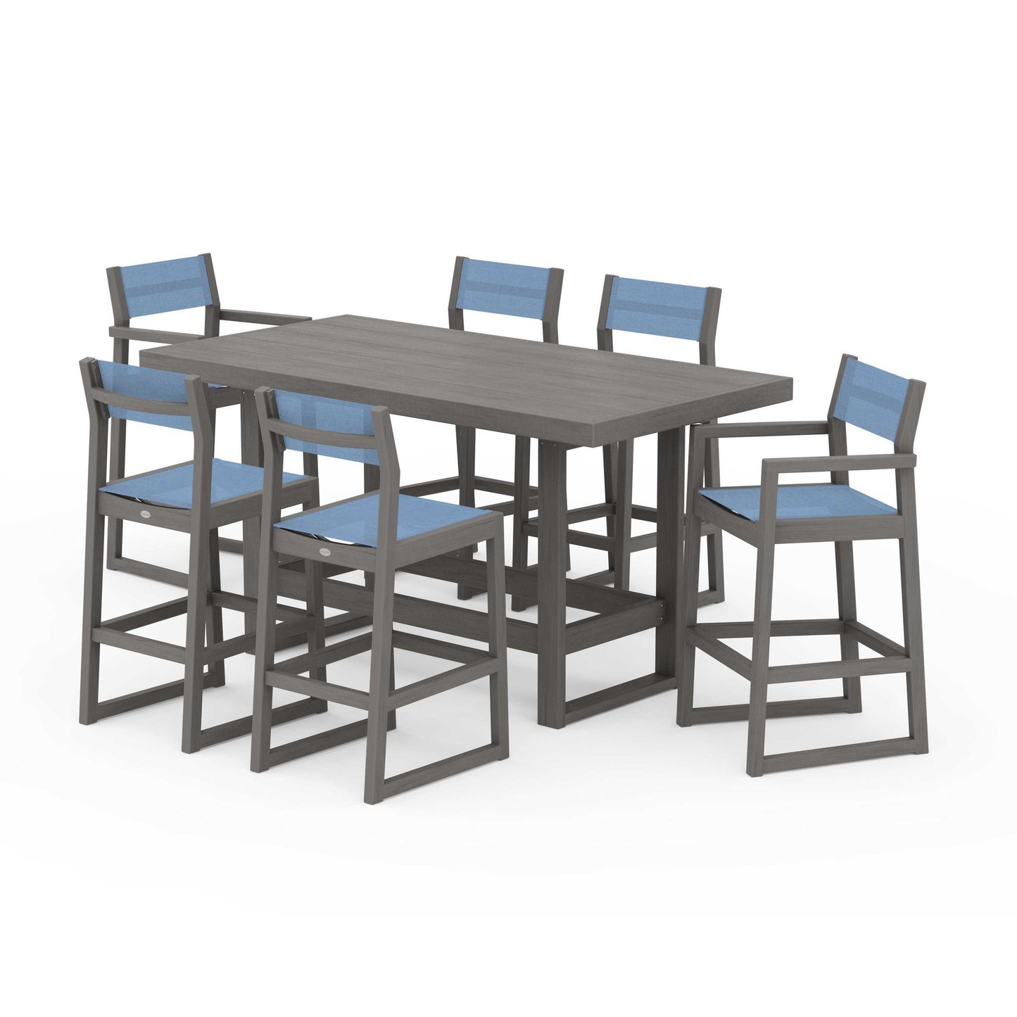POLYWOOD EDGE Sling 7-Piece Bar Table Set — Driftwood / Poolside Sling