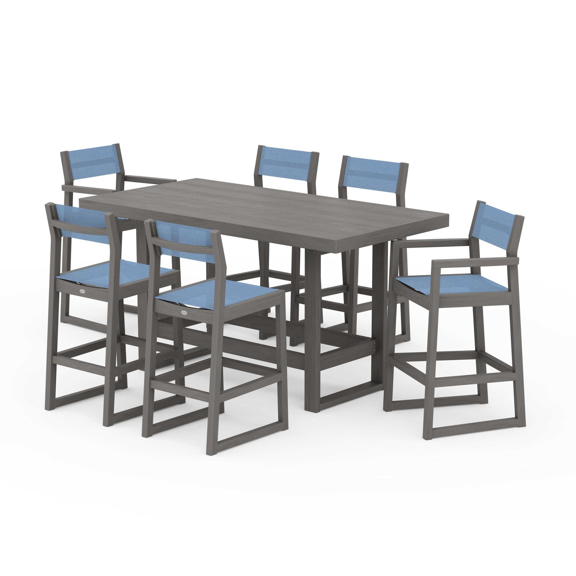 POLYWOOD EDGE Sling 7-Piece Bar Table Set — Driftwood / Poolside Sling
