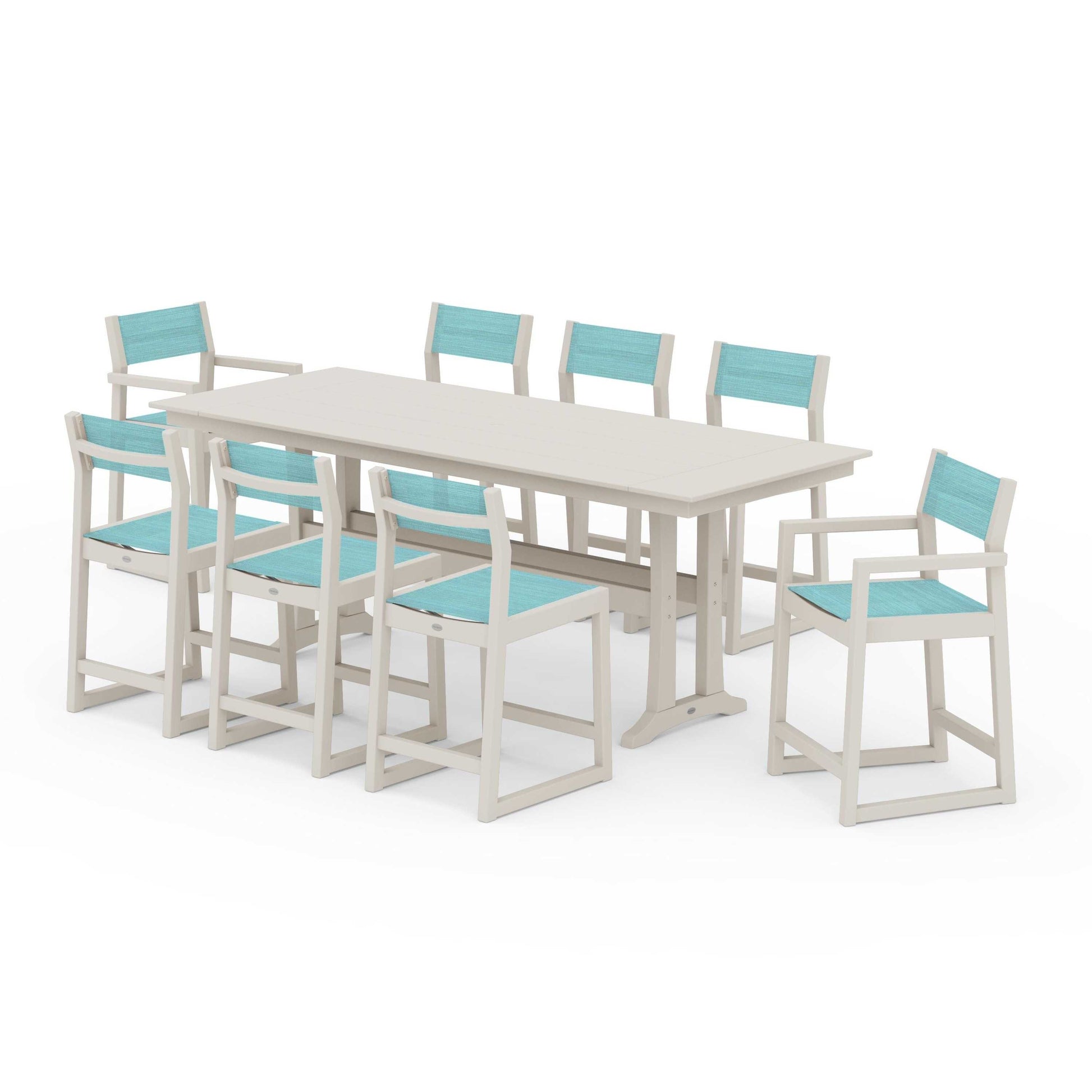 POLYWOOD EDGE Sling 9-Piece Farmhouse Counter Set with Trestle Legs — Sand / Dupioni Aquamarine Sling