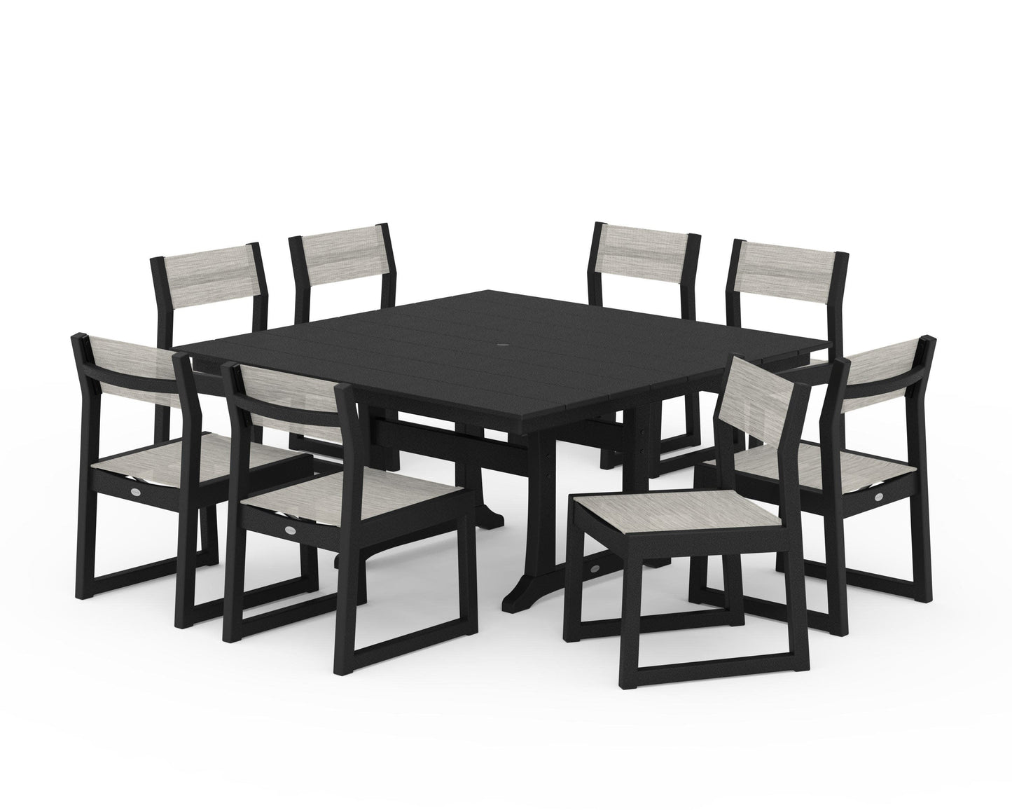 POLYWOOD EDGE Sling Side Chair 9-Piece Farmhouse Trestle Dining Set — Black / Birch Sling