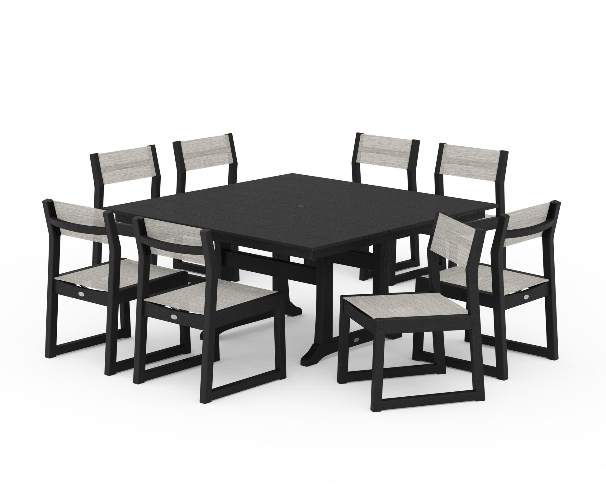 POLYWOOD EDGE Sling Side Chair 9-Piece Farmhouse Trestle Dining Set — Black / Birch Sling