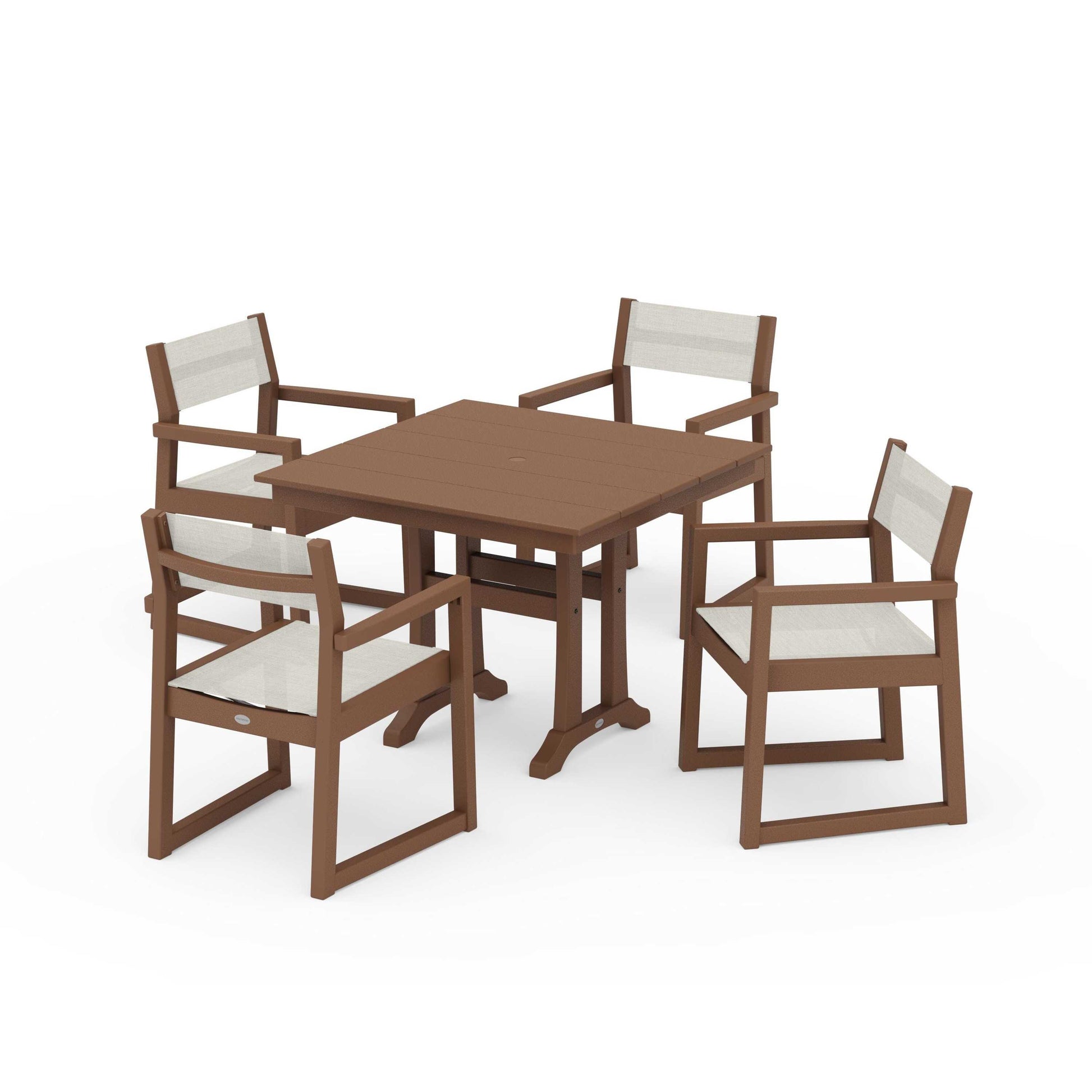 POLYWOOD EDGE Sling 5-Piece Farmhouse Dining Set with Trestle Legs — Teak / Parchment Sling